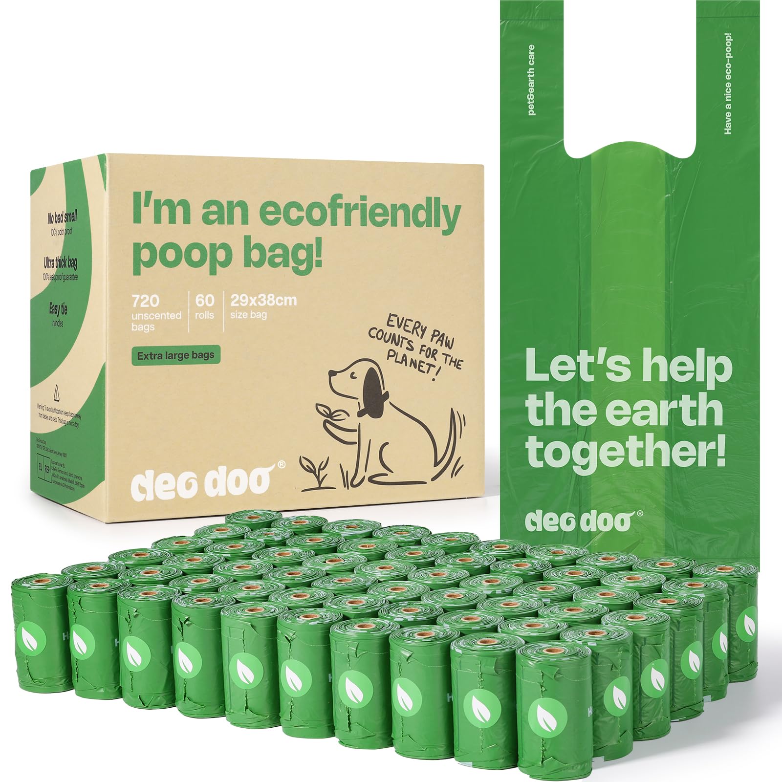 Dog Poo Bags Large Poop Bags with Tie Handle Recycle Leak-Proof 60 Rolls 720 Bags 11 * 15 Inch Green Doggy Waste Bags for Cat Little Unscented