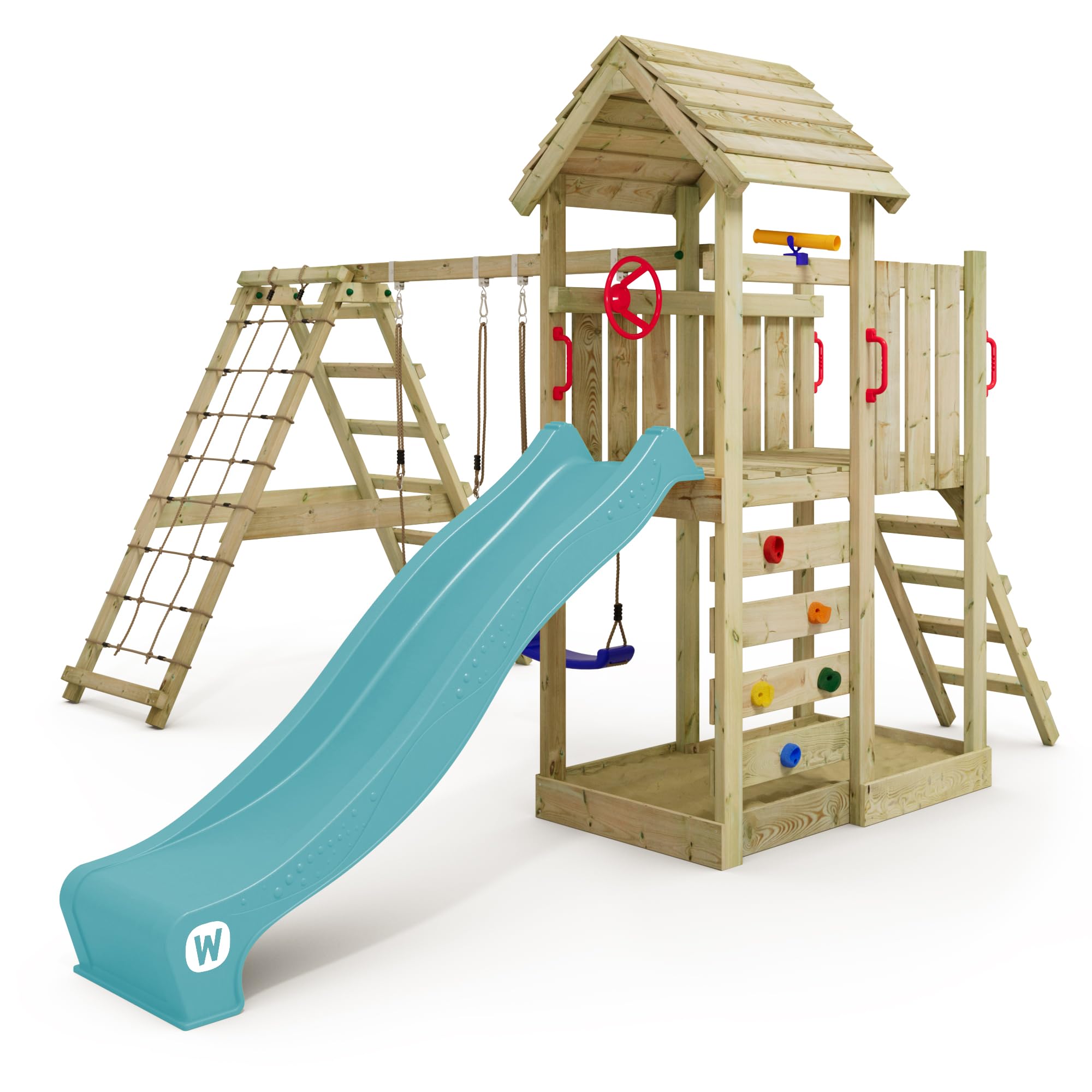 Gioco da giardino WICKEY RocketFlyer con tetto in legno, altalena e scivolo, struttura da esterno per bambini con sabbiera, scaletta e accessori da gioco - turchese
