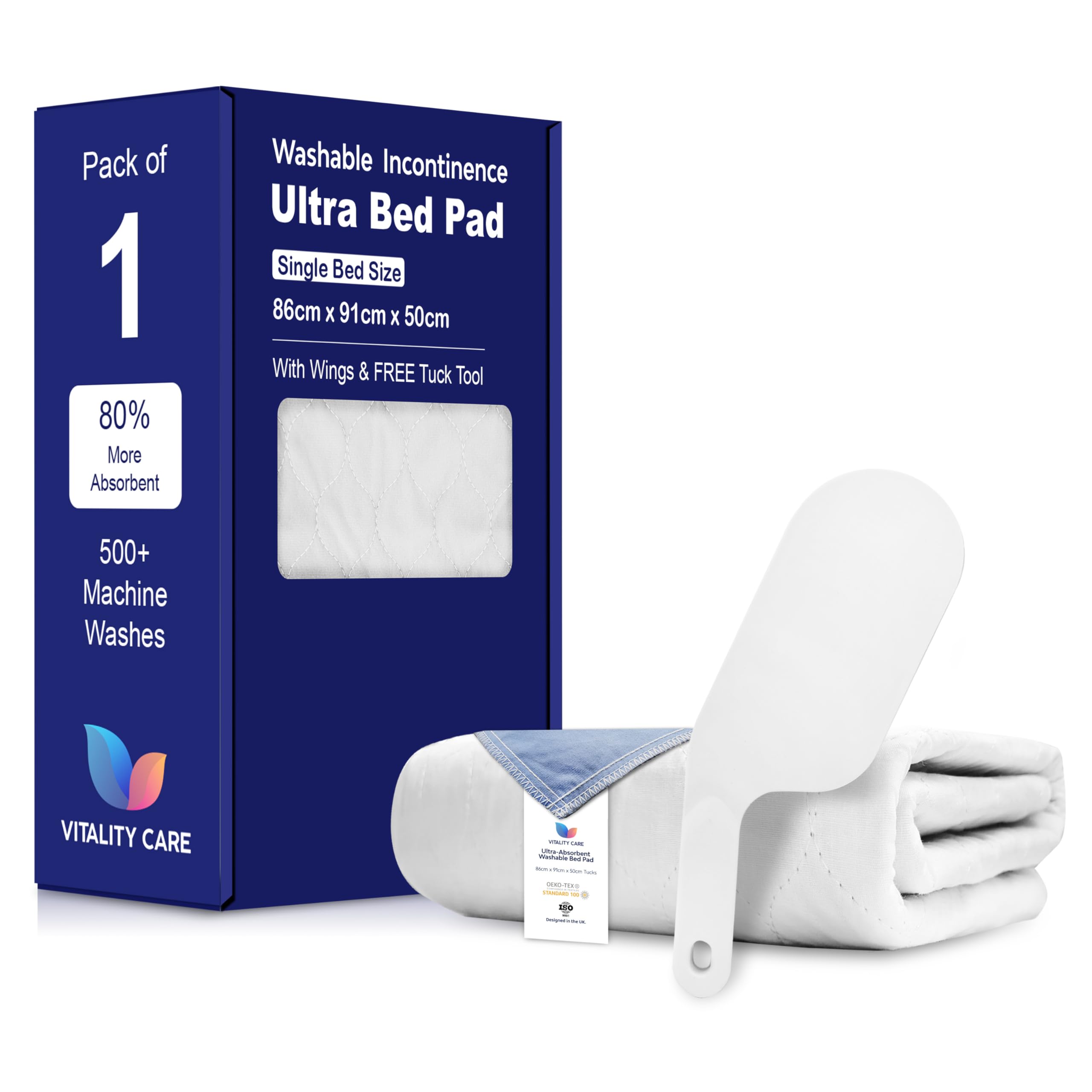 Vitality Care White Washable Bed Protector, 100% Waterproof Mattress Cover With Tuck-In Flaps, Reusable Incontinence Pad For Adults, Children, Elderly & Pets, 86X91cm,