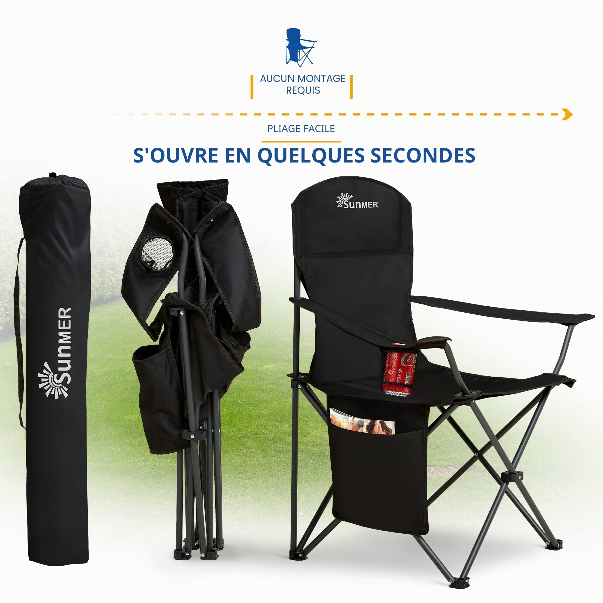 Sunmer Lot de 2 chaises de Camping Pliantes, Extra Larges et légères avec accoudoirs, Porte-gobelet et Poche latérale, capacité de 120 kg par Chaise – Noir