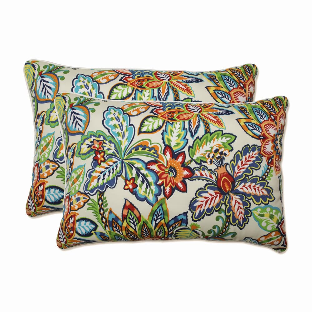 Pillow Perfect Bright Floral Indoor/Outdoor Accent Throw Pillow, Plush Fill, Weather, and Fade Resistant, Large Lumbar - 16.5" x 24.5", Blue/Green Copeland, 2 Count