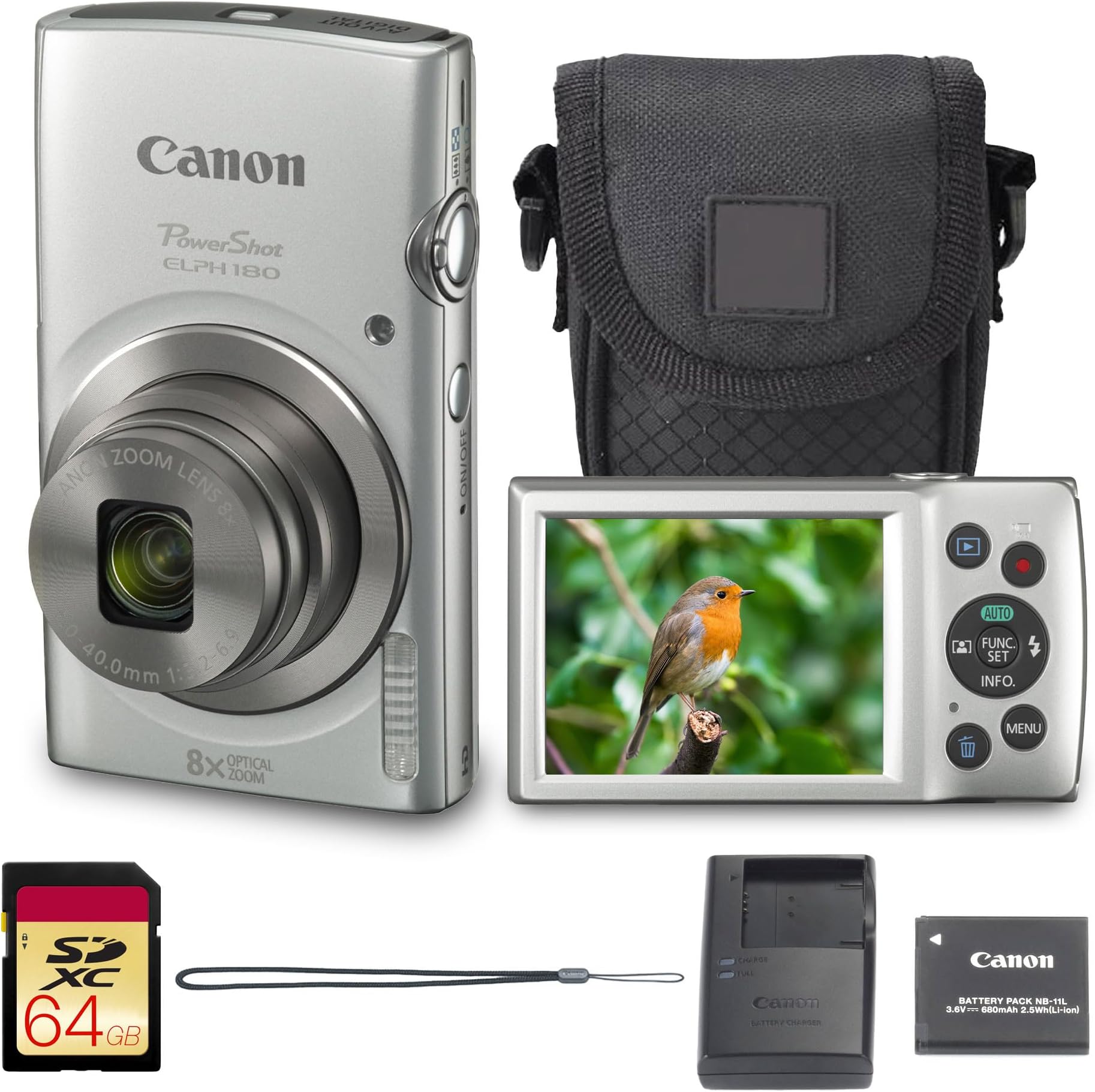 PowerShot ELPH 180 Digital Camera Bundle (Silver) Compact Point and Shoot with Optical Zoom | Easy Controls Lightweight Design for Travel Family and Everyday Photography with Case and 64GB Card