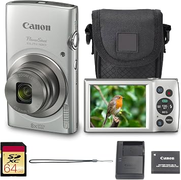 Canon PowerShot ELPH 180 Digital Camera Bundle Silver Compact Point and Shoot with Optical Zoom | Easy Controls Lightweight Design for Travel Family and Everyday Photography with Case and 64GB Card