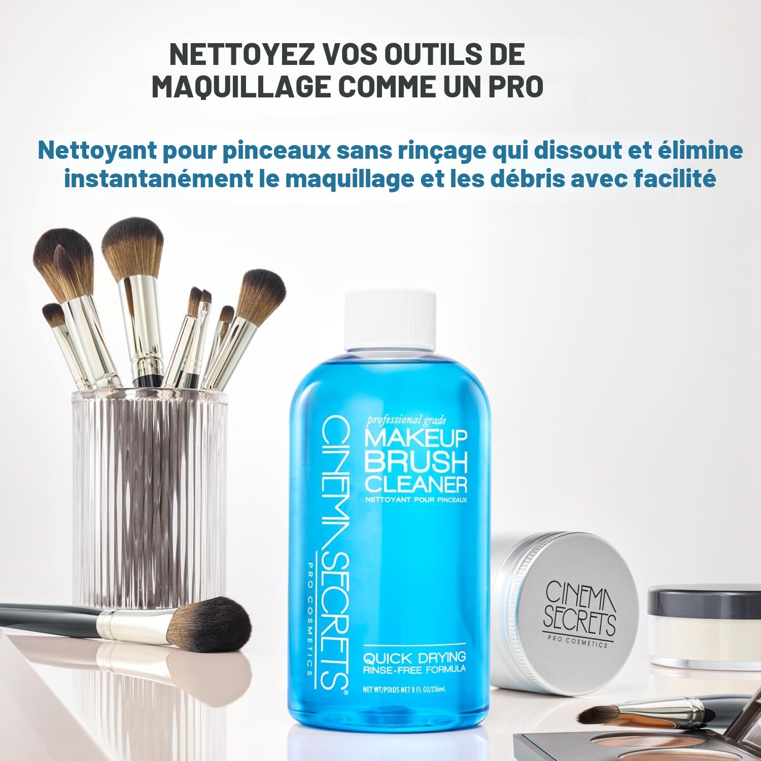 Cinema Secrets Original Blue Vanilla Solution nettoyante pour pinceaux de maquillage – Nettoyant professionnel pour pinceaux de maquillage – Séchage rapide, formule sans rinçage – Élimine le