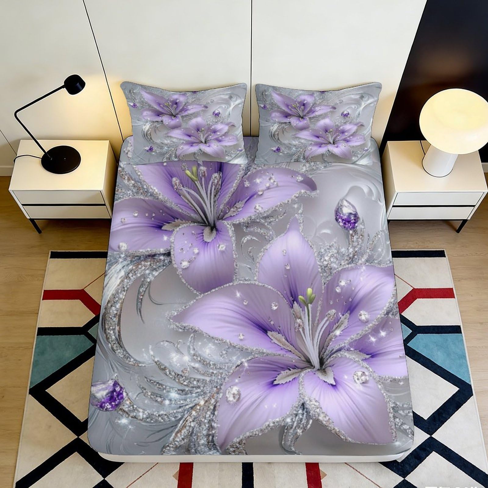 3D Printed Purple Lily Fitted Sheet Microfiber Soft Breathable Floral Bed Cover for Bedroom Dormitory Guest Room Mattress Protection Decor 120x200x25cm