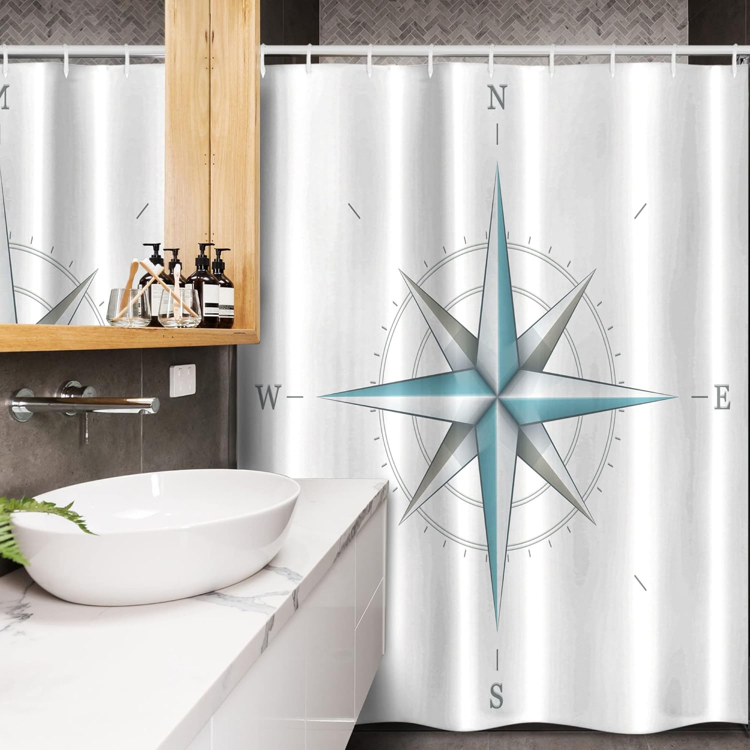 Ambesonne Compass Stall Shower Curtain, Antique Wind Rose Diagram for Cardinal Directions Axis of Earth Illustration, Fabric Bathroom Decor Set with Hooks, 54" W X 78" L, Teal Dimgray