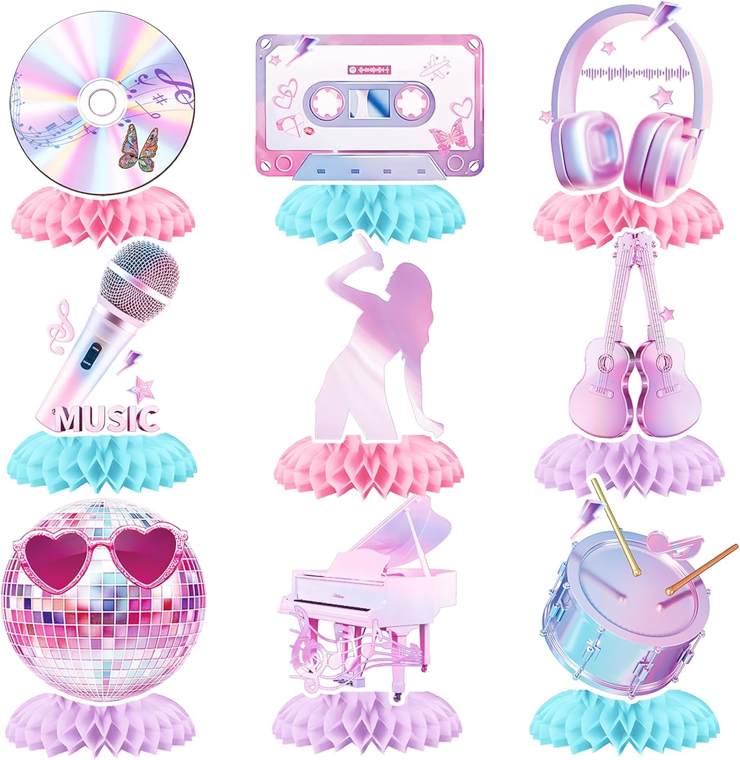 9pcs Music Lover Birthday Party Decorations Honeycomb Centerpieces Table Decorations for Music Themed Party Supplies