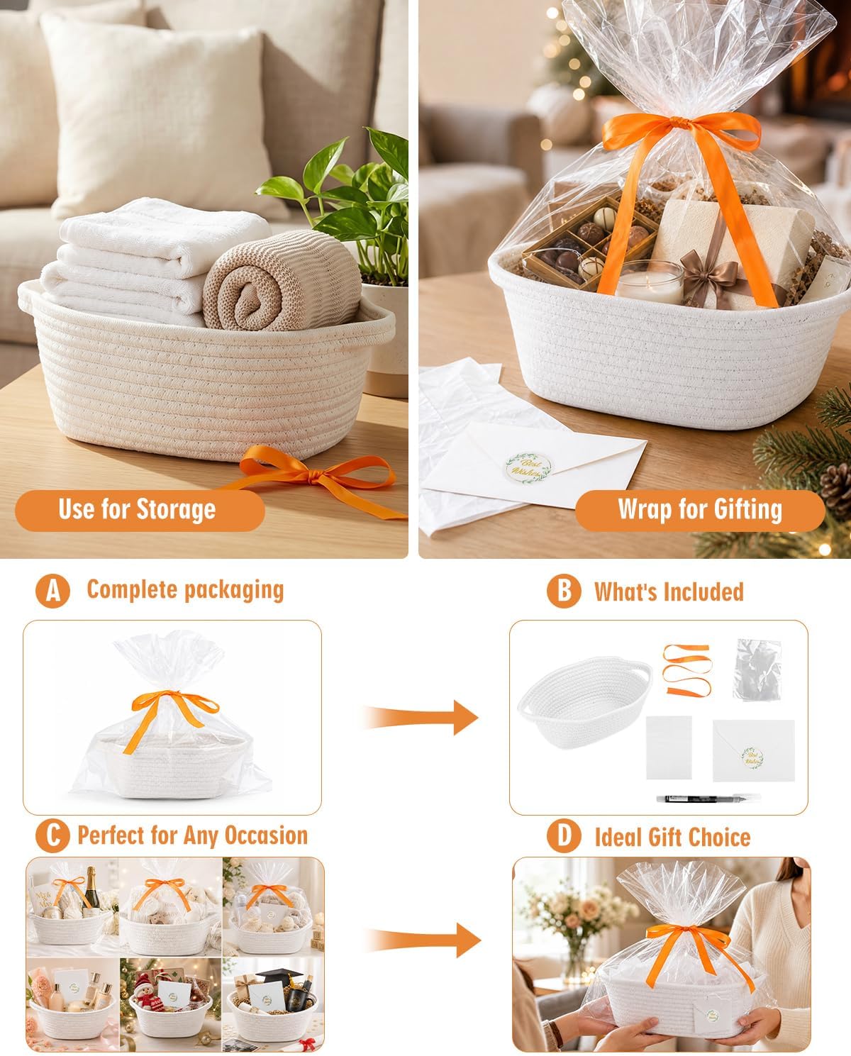 HAPPYER Gift Basket Set 6 Pack, Cotton Rope Woven Baskets with Ribbons Gift Bags Tissue Paper Cards Stickers, Empty Gift Baskets Bulk for Gifts Packaging, Decorative Storage Basket for Party Birthday