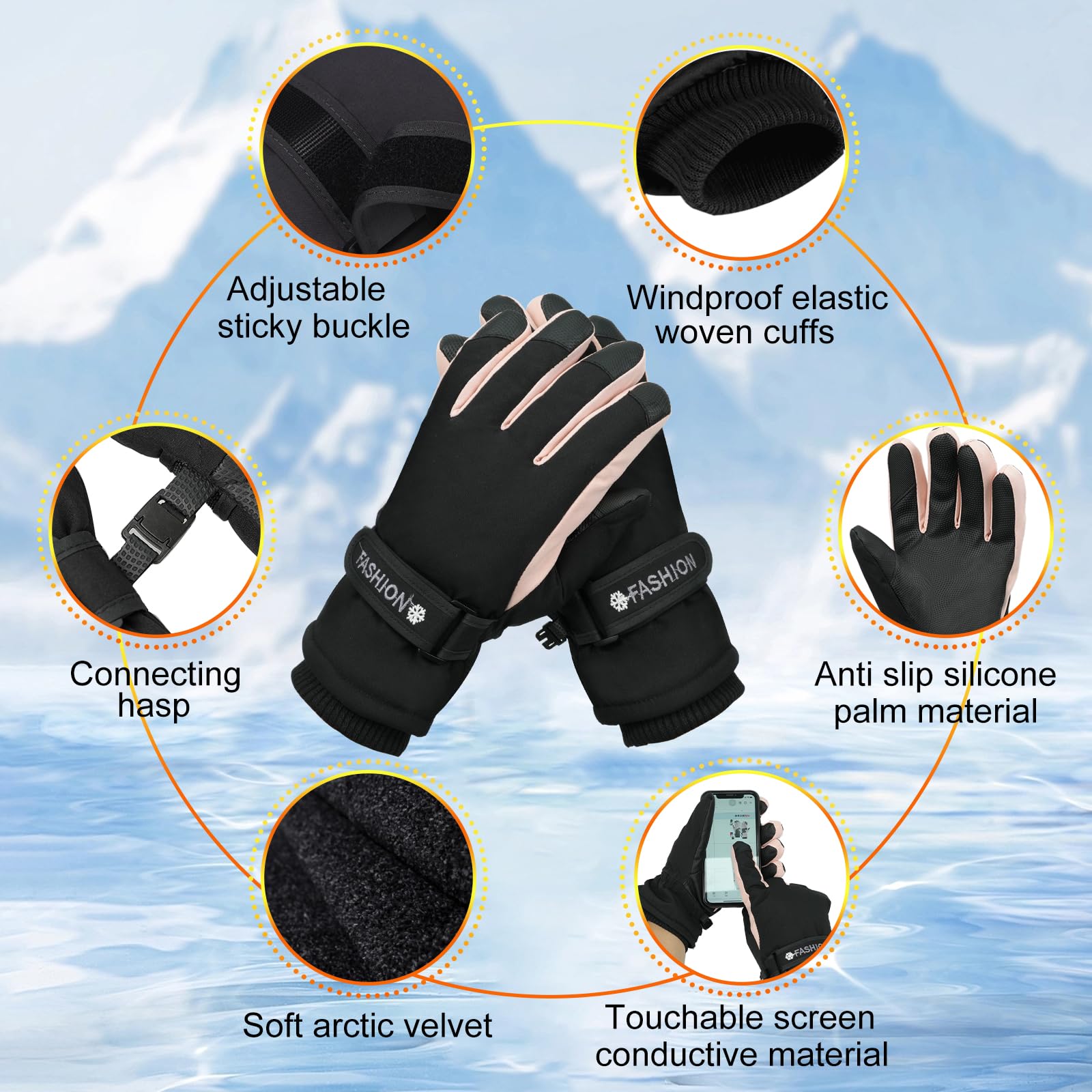 Gants de Ski Femmes, Gant Thermiques Imperméables pour Femme, Gants d'hiver Coupe-Vent Antidérapant, Écran Tactile pour Conduite Randonnée Ski Activités de Plein Air, Cadeaux d'Hiver Femmes