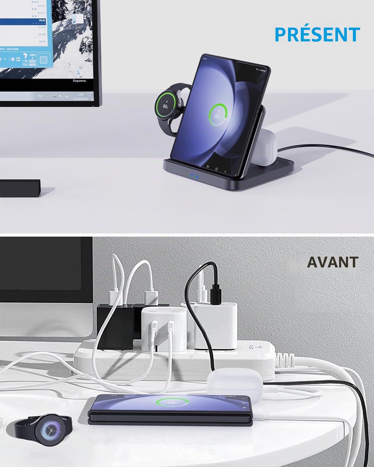 pour Samsung Z Fold 5 Wireless Charger Station, 3 en 1 Station d'accueil Pliable à Chargement Rapide pour Galaxy Z Fold 4/3, Z Flip 5/4/3, S23, Note20/10 Ultra, Watch 6/5//4/3, Earbuds 2 Pro