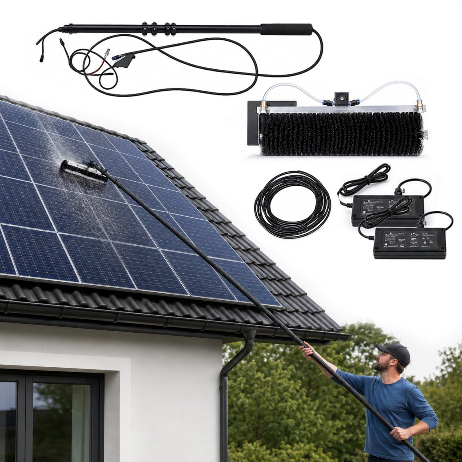 HCAUYNN Solar Panel Cleaning Brush with Telescopic Aluminium Pole, 60cm Wide Rotating Nylon Brush, 150W Motor, Pump and Extra 10m Hose for Rooftop PV Panel Maintenance 7.5m/25ft