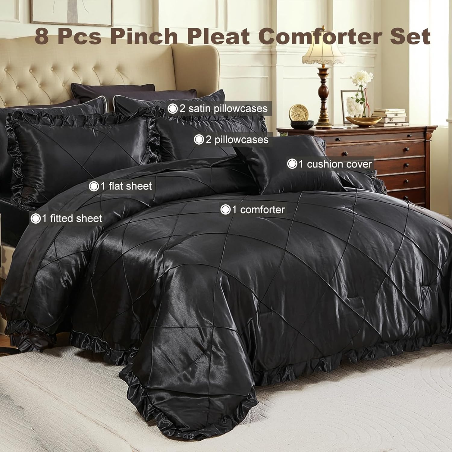 Black Comforter Set Queen Sheet Set Silk Like Satin Bedding Set Silky Bed in a Bag 8 Pcs Pinch Pleat Bed Set Home Decor Luxury Hotel Silky Ruffle Down Comforter with 1 Cushion Cover