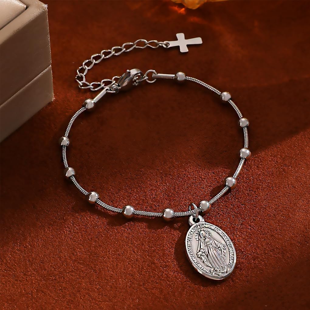 Gold Virgin Mary Charm Bracelet,Stainless Steel Ball Chain Bracelet for Women,Cross Adjustable Bracelets Baptism Faith Jewelry Gift - Image 3
