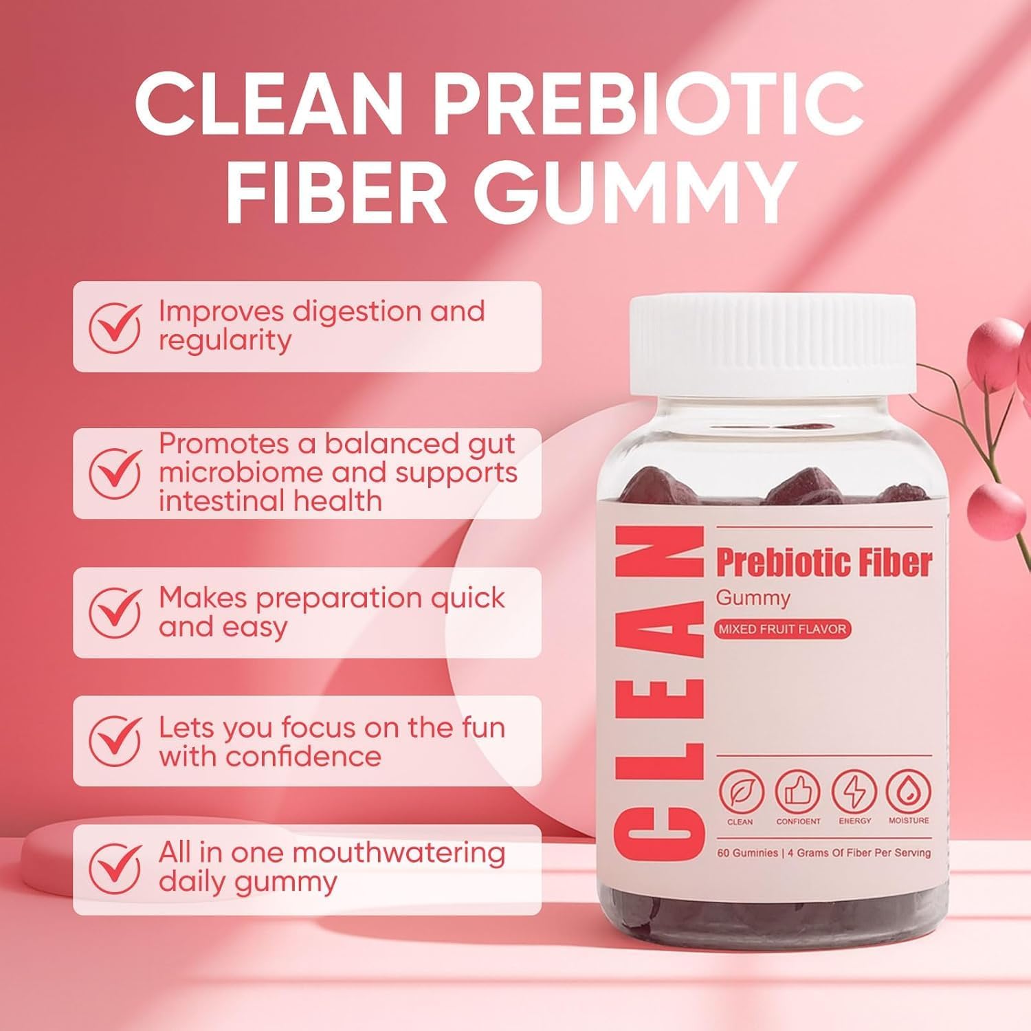 Clean Prebiotic Fiber Gummy, Clean Fiber Gummies for Men, Men Prebiotic Supplement for Digestive Gut Health, Non-GMO, 60 Gummies / 4g Fibers Per Serving