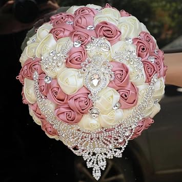 Bridal Wedding Bouquet Round Bling Brooch Bouquet Throw Toss Bride Holding Flowers Bunch for Bride Bridesmaid Church Wedding Skin Powder + Milk,Dia. 8.26"/21cm