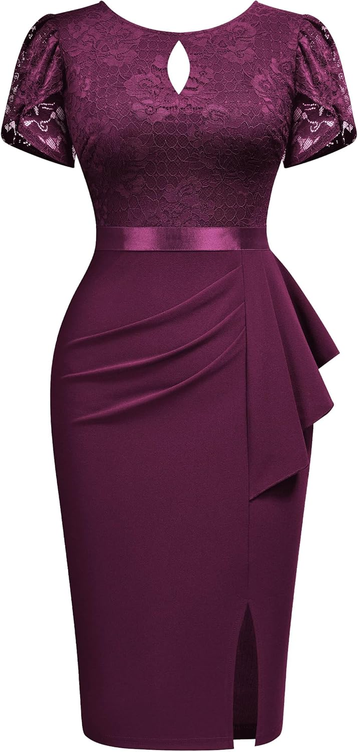 Miusol Women's Elegant Scoop Neck Puff Sleeve Floral Lace Ruffle Style Cocktail Party Dress - Image 4