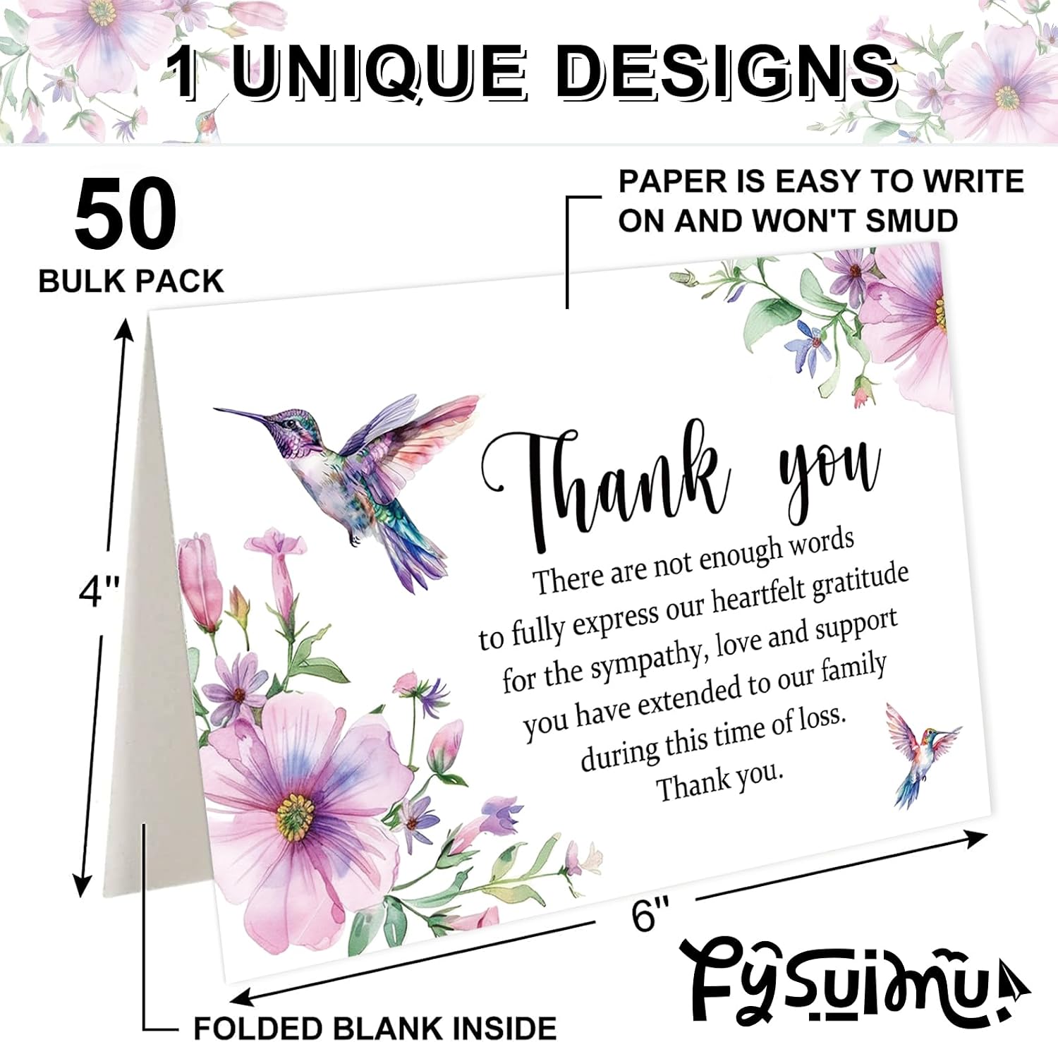 FYSUIMU 50Pcs Funeral Thank You Cards Boxed Purple Floral Hummingbird Sympathy Card with Envelope Sticker Bereavement Cards for Memorial Service Loved Ones Celebration of Life