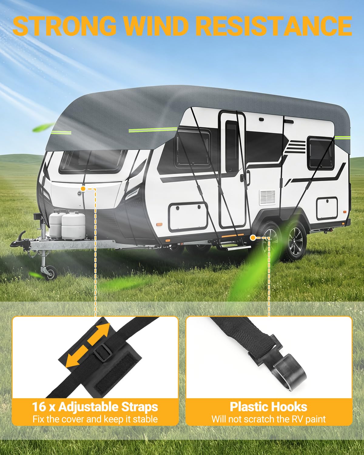6,5x3m Funda para Autocaravana Funda para Techo de Caravana Impermeable 170g de Grosor Tejido No Tejido Universal para Verano Protección UV con Tiras Reflectantes
