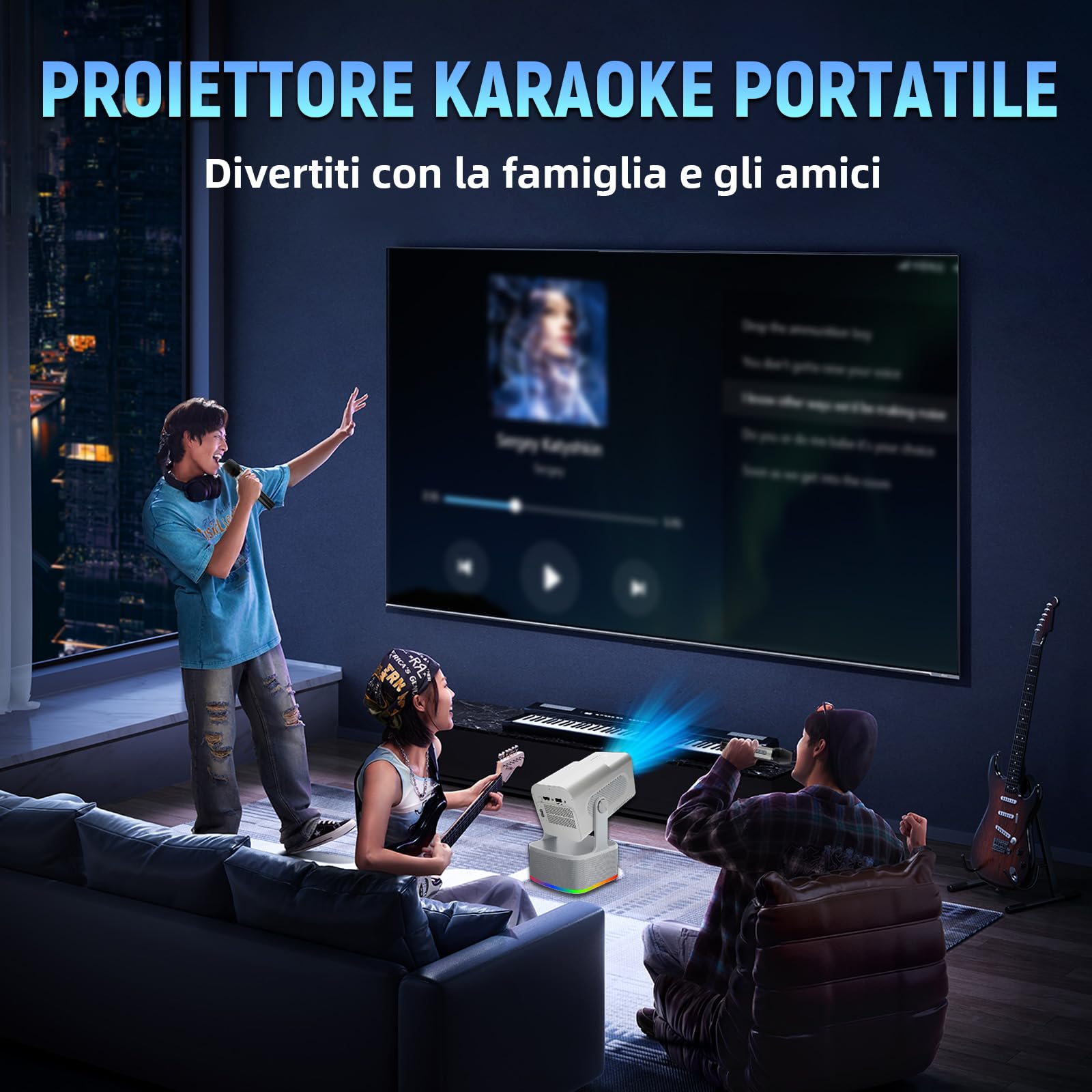 HCS350 PLUS Mini Proiettore 4K,20000 Giochi+Karaoke+Altoparlante 4 in 1 Proiettore Portatile con Telecomando Vocale/Microfono Ricaricabile,1920*1080P Videoproiettore,450 ANSI,Android 11,WiFi 6+BT 5.4
