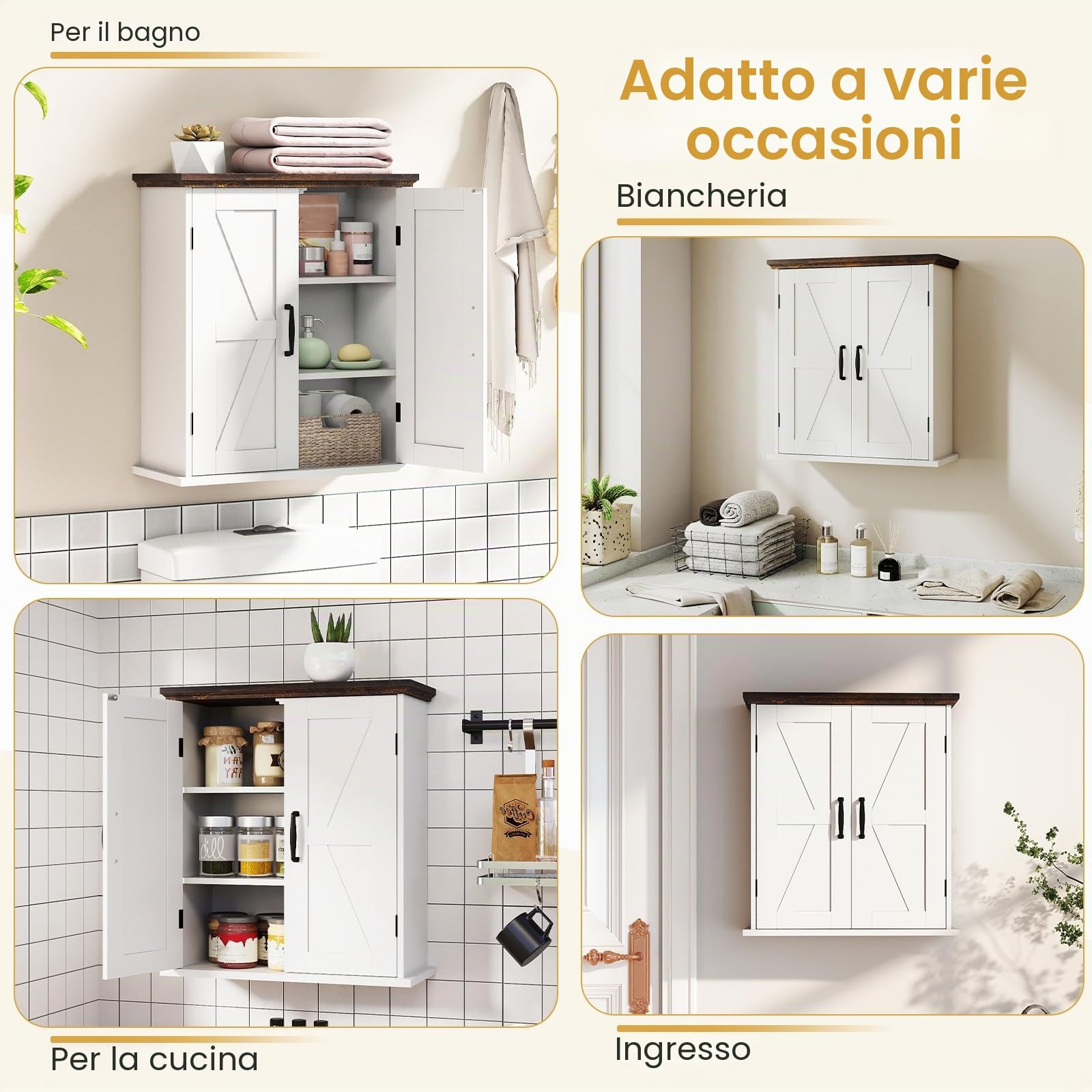 Giantex Armadietto pensile da parete con 2 ripiani regolabili e 2 ante, in stile rustico, salvaspazio per bagno, cucina e soggiorno, 53,5 x 22,5 x 60 cm
