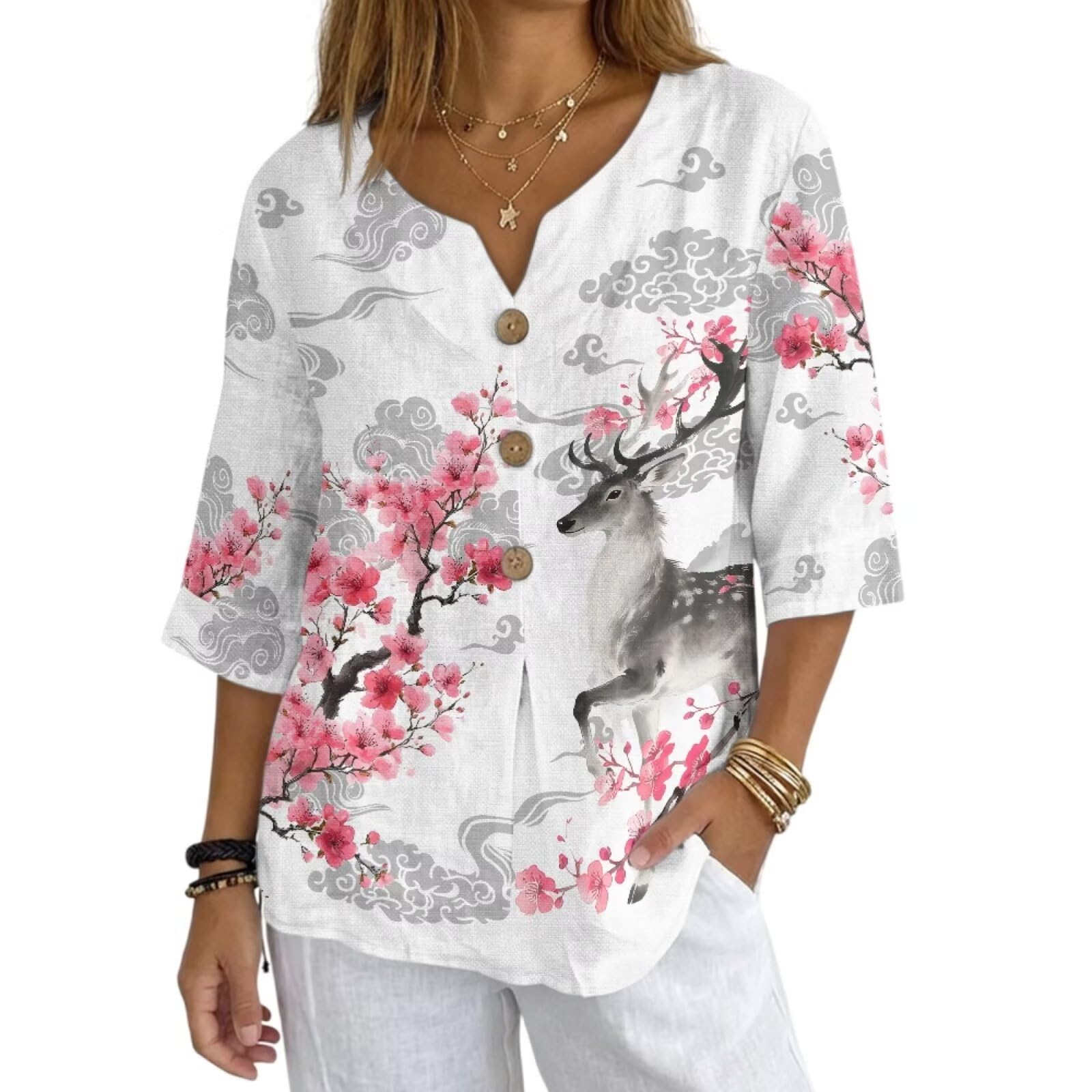 Women's V-Neck Tunic Top, Casual Polyester Linen Blouse with Decorative Buttons, Loose Fit Easy Care Everyday Wear