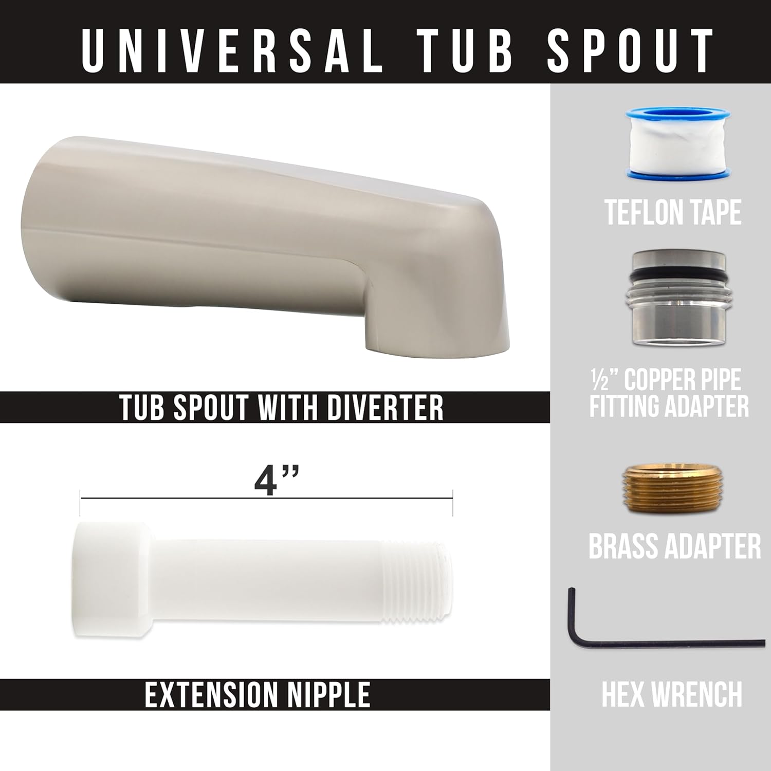 Westbrass CO507U-07 Universal Fit 7" Wall Mount Tub Spout and Tip-Toe Drain Trim Kit, Satin Nickel