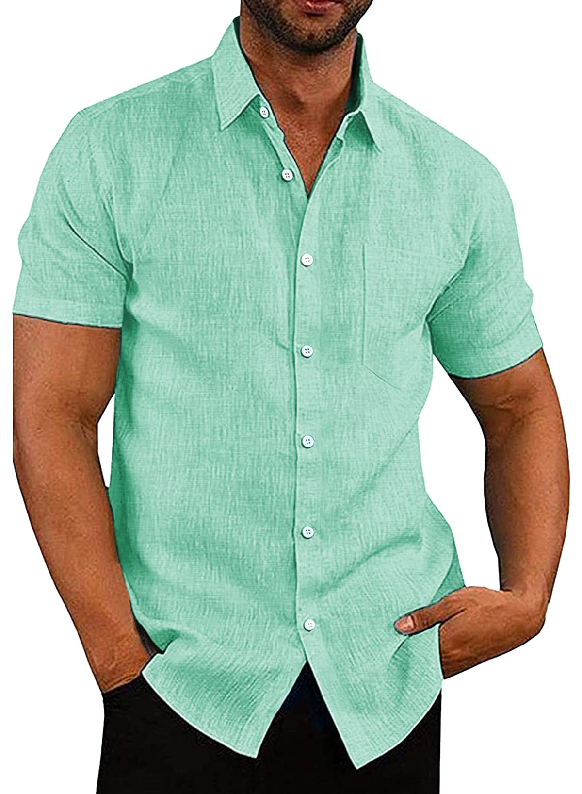 APOONABA Camisa Hombre Manga Corta Camisa Verano Casual Coton Shirts Clásico Color Sólido Camisa con Bolsillo