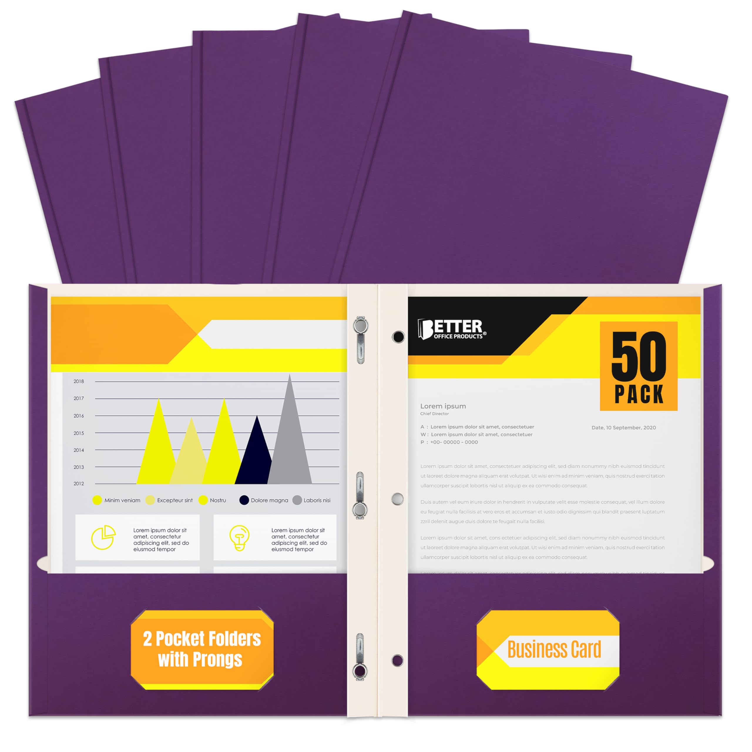 Better Office Products Purple Paper 2 Pocket Folders with Prongs, 50 Pack, by , Matte Texture, Letter Size Paper Folders, 50 Pack, with 3 Metal Prong Fastener Clips, Purple