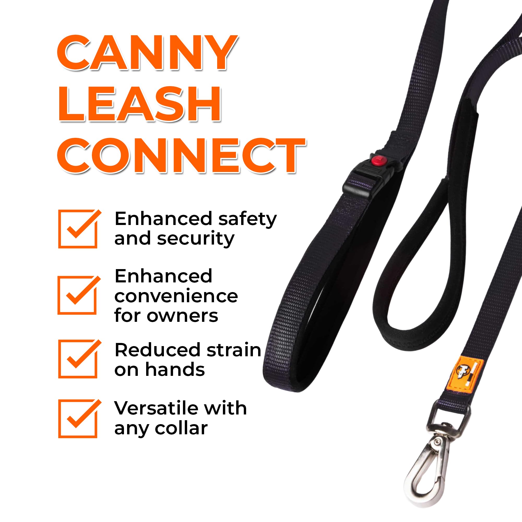 Canny Leash Connect | Heavy Duty Dog Leash | Small, Medium, Large | Handle, Buckle, Padded Grip, Secure Clip | Tie Anywhere, 4ft Length, 5/8in Width, Black