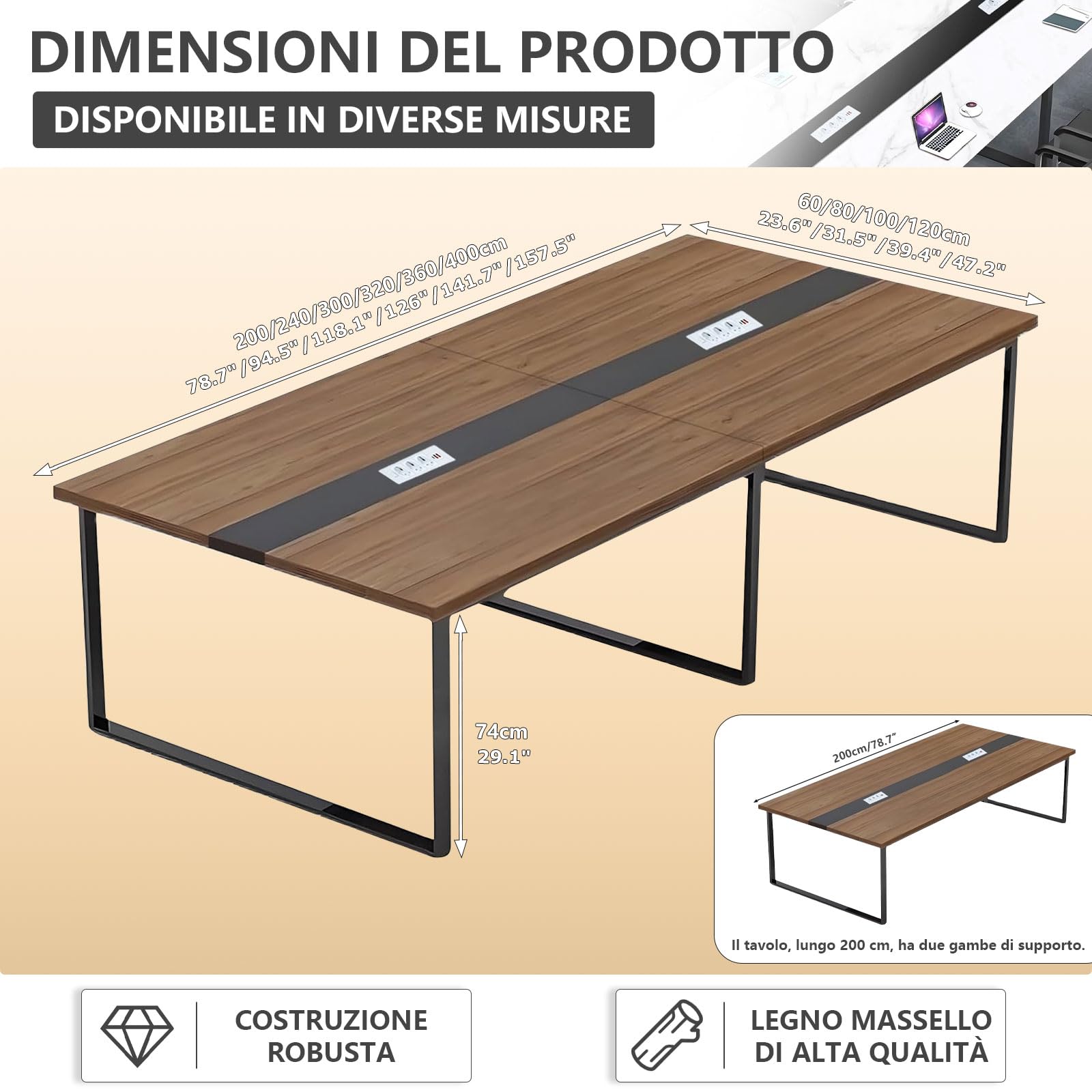 Tavolo da Riunioni per Ufficio Moderno con Passacavi Integrato, Grande Tavolo Conferenza per Sala Meeting, Struttura Stabile per Più Persone