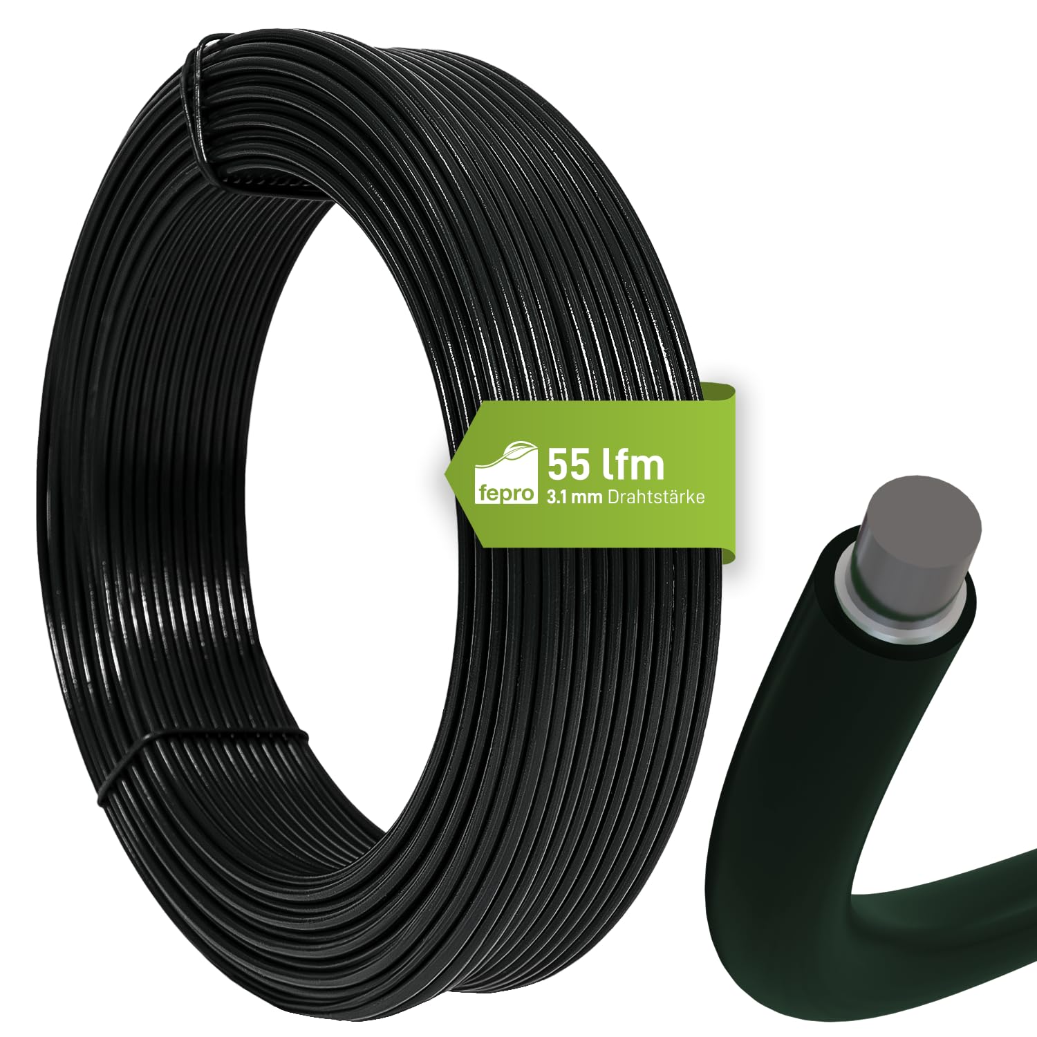 Fepro® Spanndraht 3,1 mm x 55 m, schwarz, verzinkt und kunststoffbeschichtet - witterungsbeständig, ideal für Maschendraht, Wildzaun, Garten oder basteln