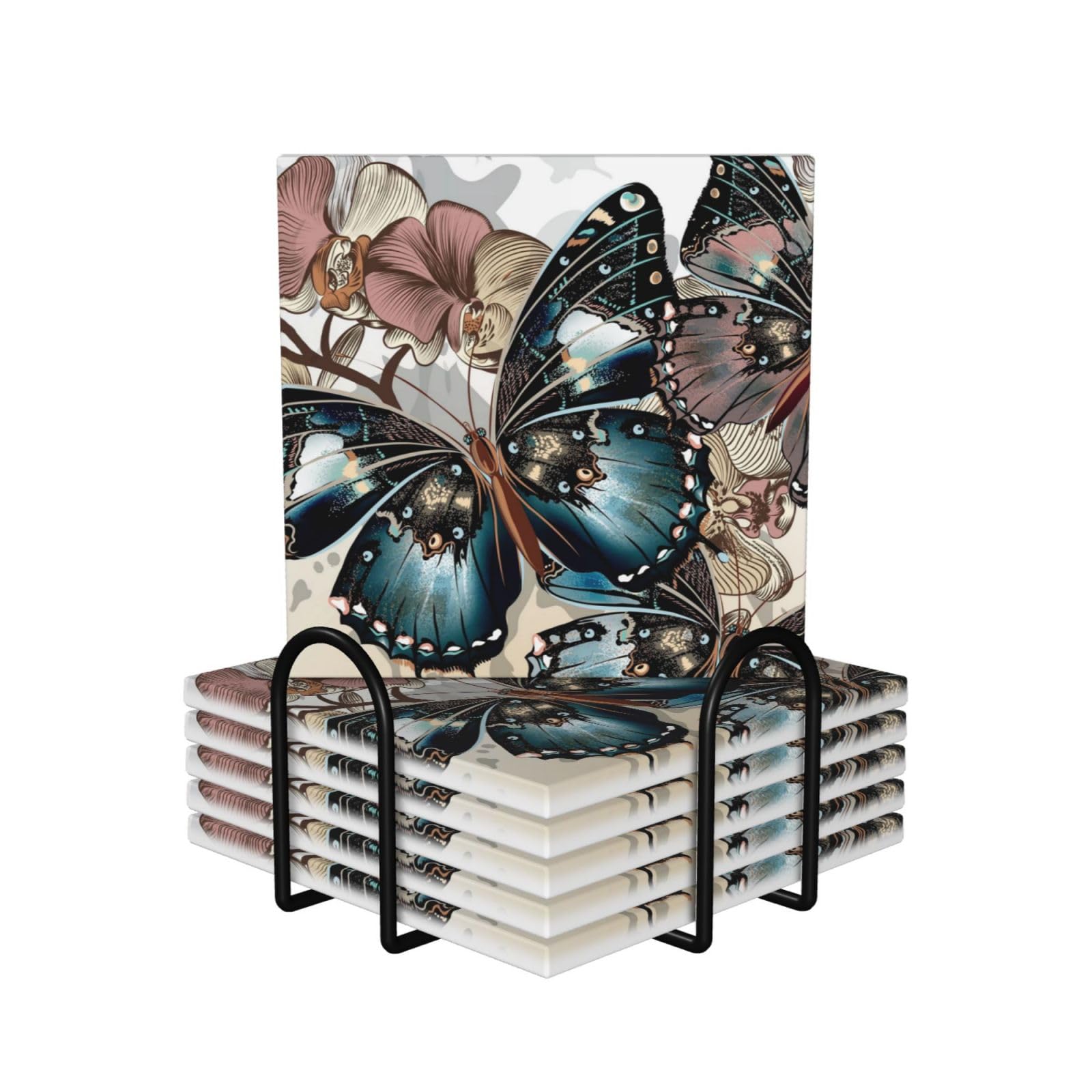 Dessous de verre en céramique lot de 6 avec support métal fleurs et papillons