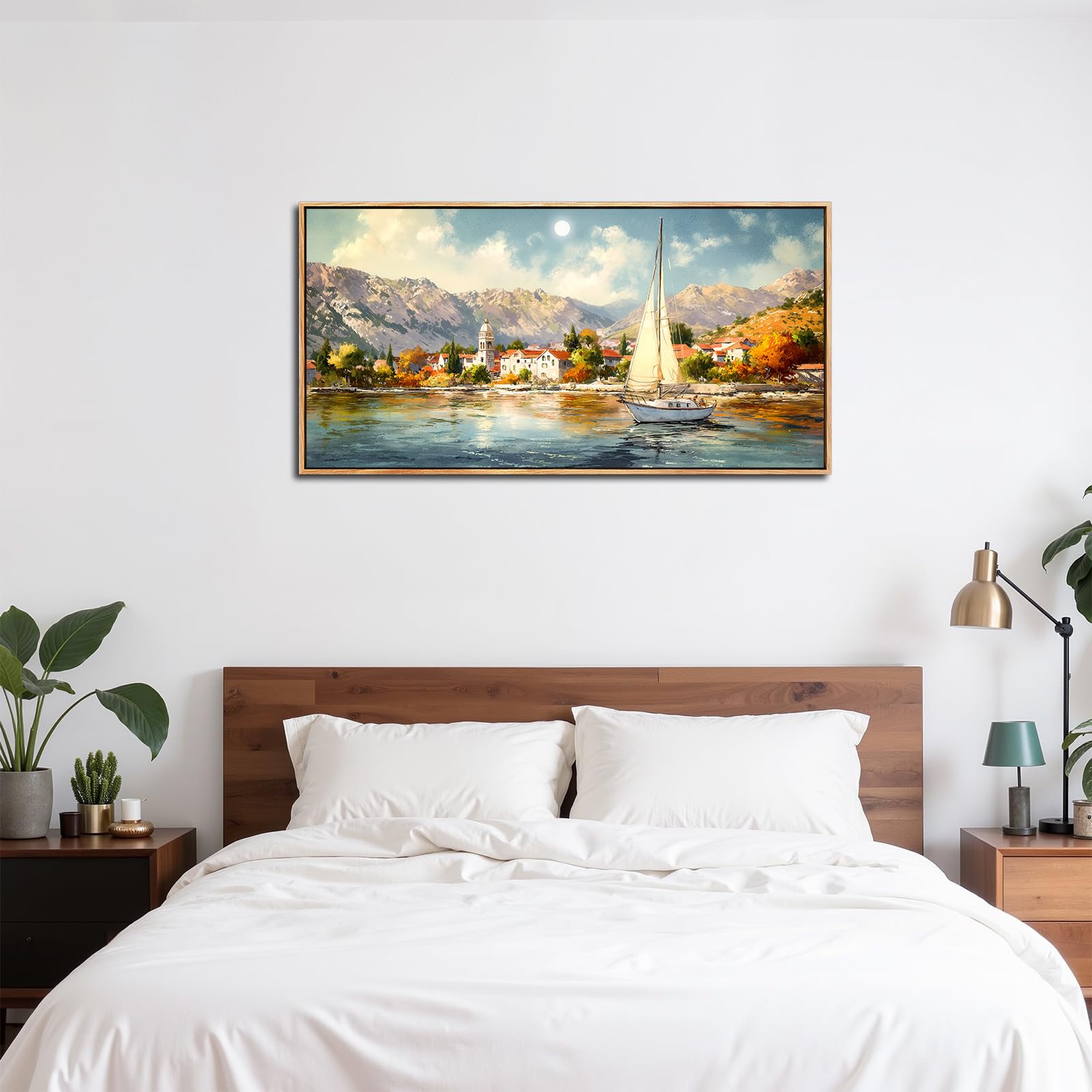 SERIMINO Modern Wandbild mit Rahmen Vintage Landschaft Bilder 50x100 cm | Küstenstadt Segelschiff Wanddeko, Hd Druck, Massivholzrahmen, Einfache Montage, Mehrgrößen Mehr, Vielseitig Einsetzbar