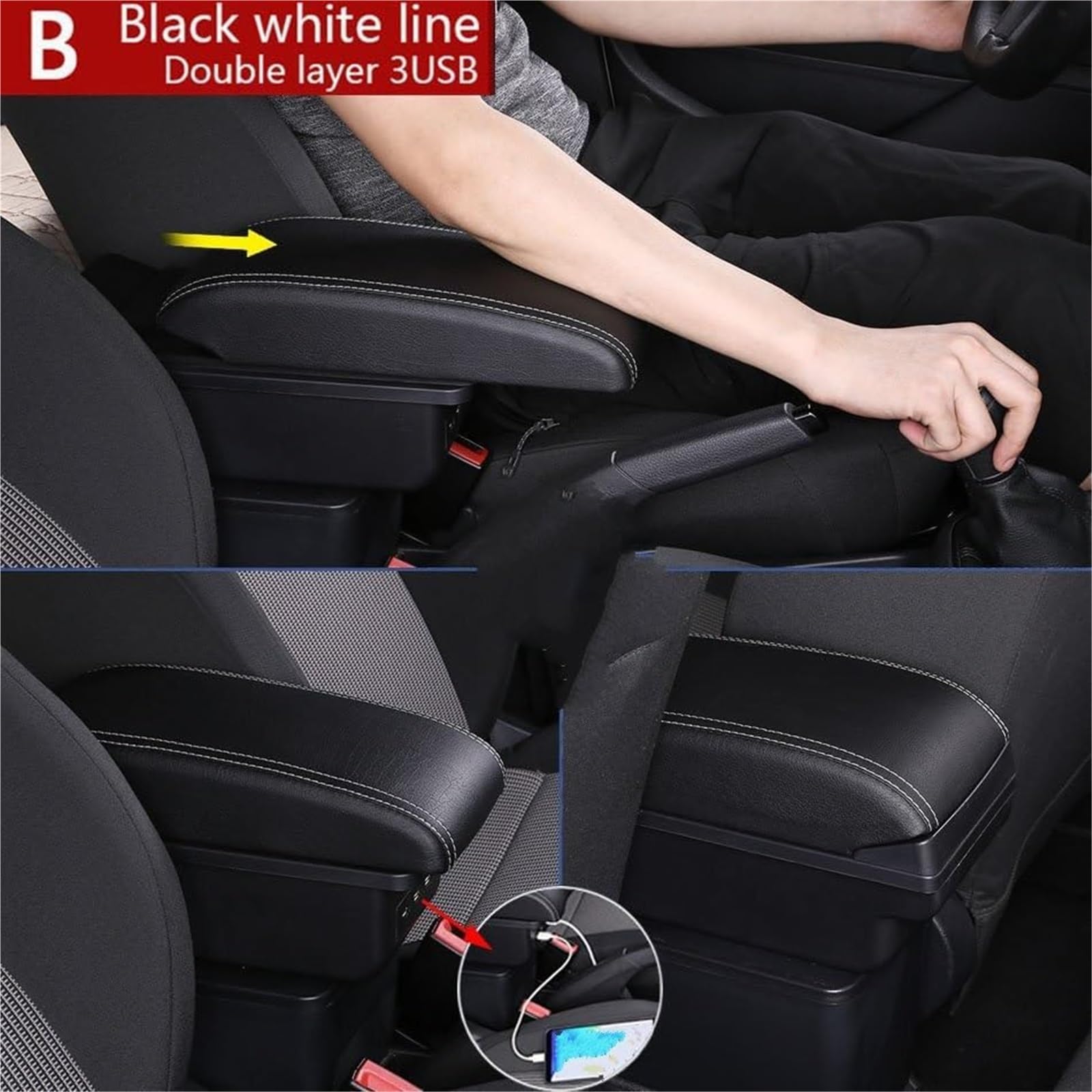 Ergonomiczne podparcie ramion kierowcy Schowek dla podłokietnika samochodowego dla Forda dla Fiesta 2011-2018 Szczegóły wnętrza Części(BLACK B4 Beige 3usb)