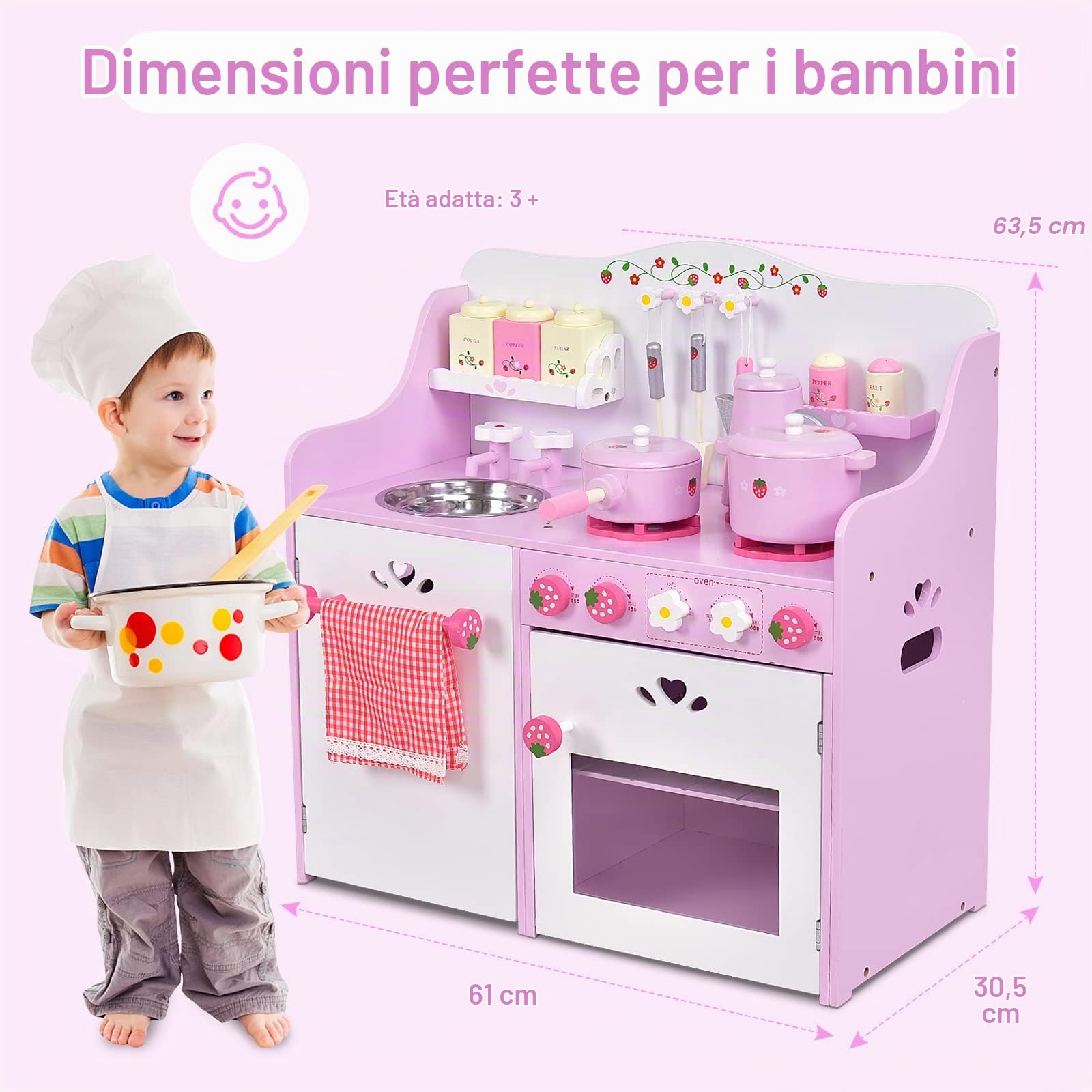 RELAX4LIFE Cucina in Legno per Bambini con Disegni di Fragole, Giocattolo Cottura con Accessori Completi, Regalo Perfetto per le Bambine con più di 3 Anni, Rosa e Bianco, 60 x 30 x 63 cm (L x P x A)