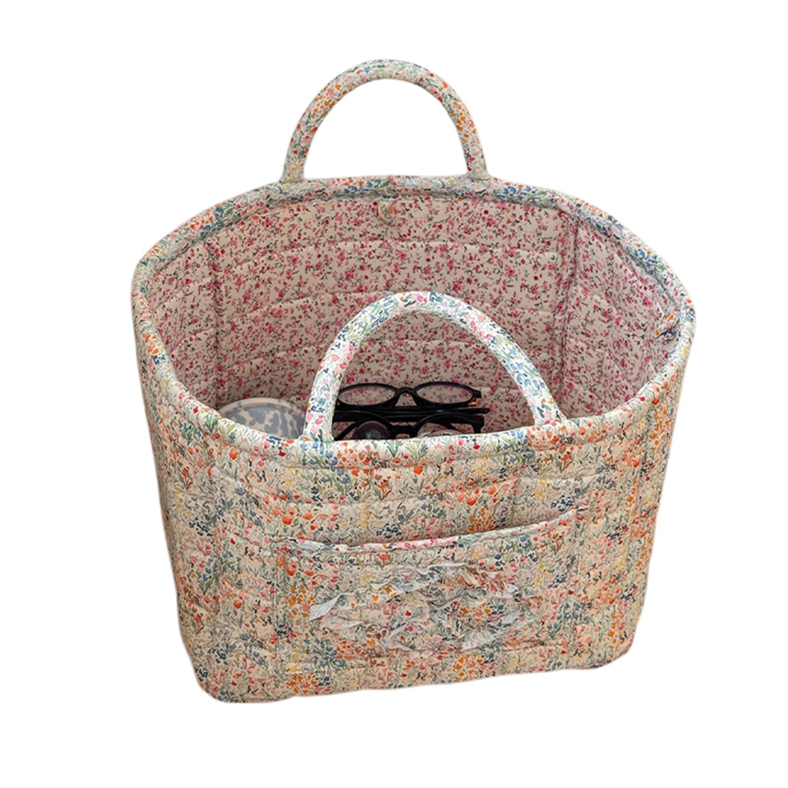 Boho Fabric Storage Basket Quilted Floral Print Baskets Organizer Bin with Handles for Home, Picnic, Shopping (Blue, L) — image 1
