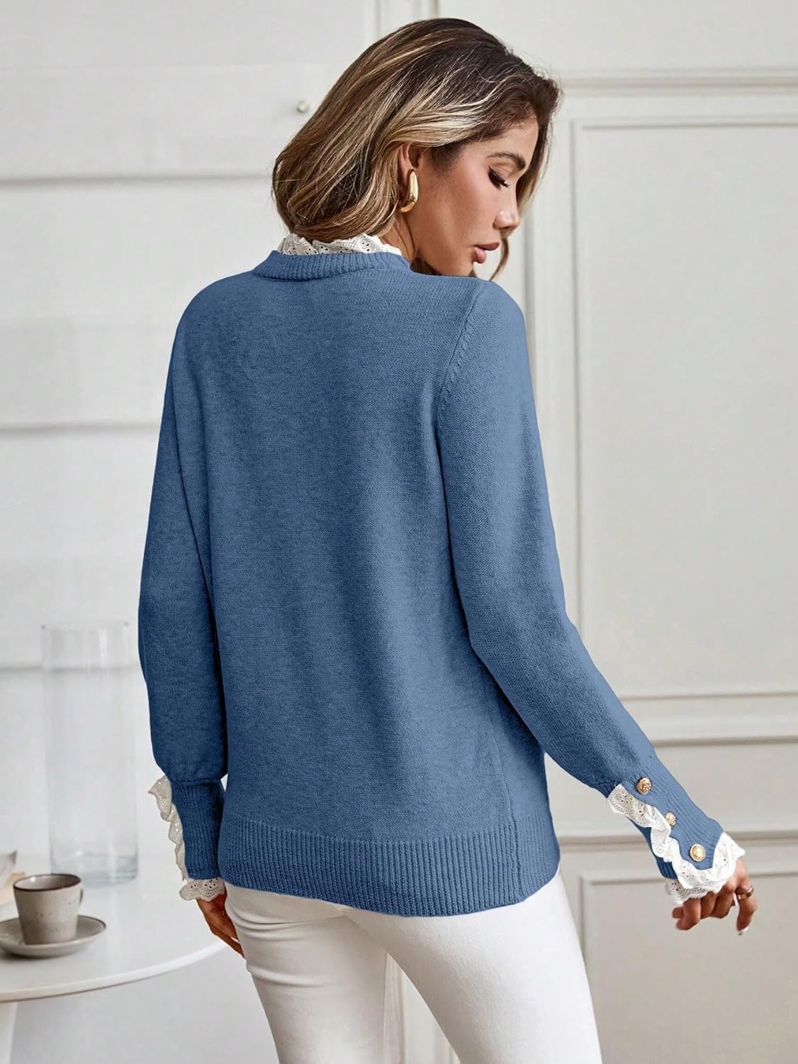 Women Sweater Casual Ruffle Decor Crew Neck Long Sleeve Dating Knit Pullover Fall Outfit Loose Fit Fall Outfits 2025