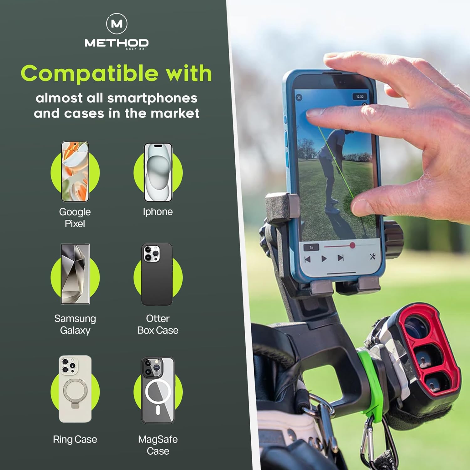 Method Golf CarryStack Golf Bag Phone Holder – Heavy Duty Magnetic Phone Mount for Most Smartphones with Magnetic Range Finder Strap- Full Rotation Open Face Design Converts Any Bag into a Tripod