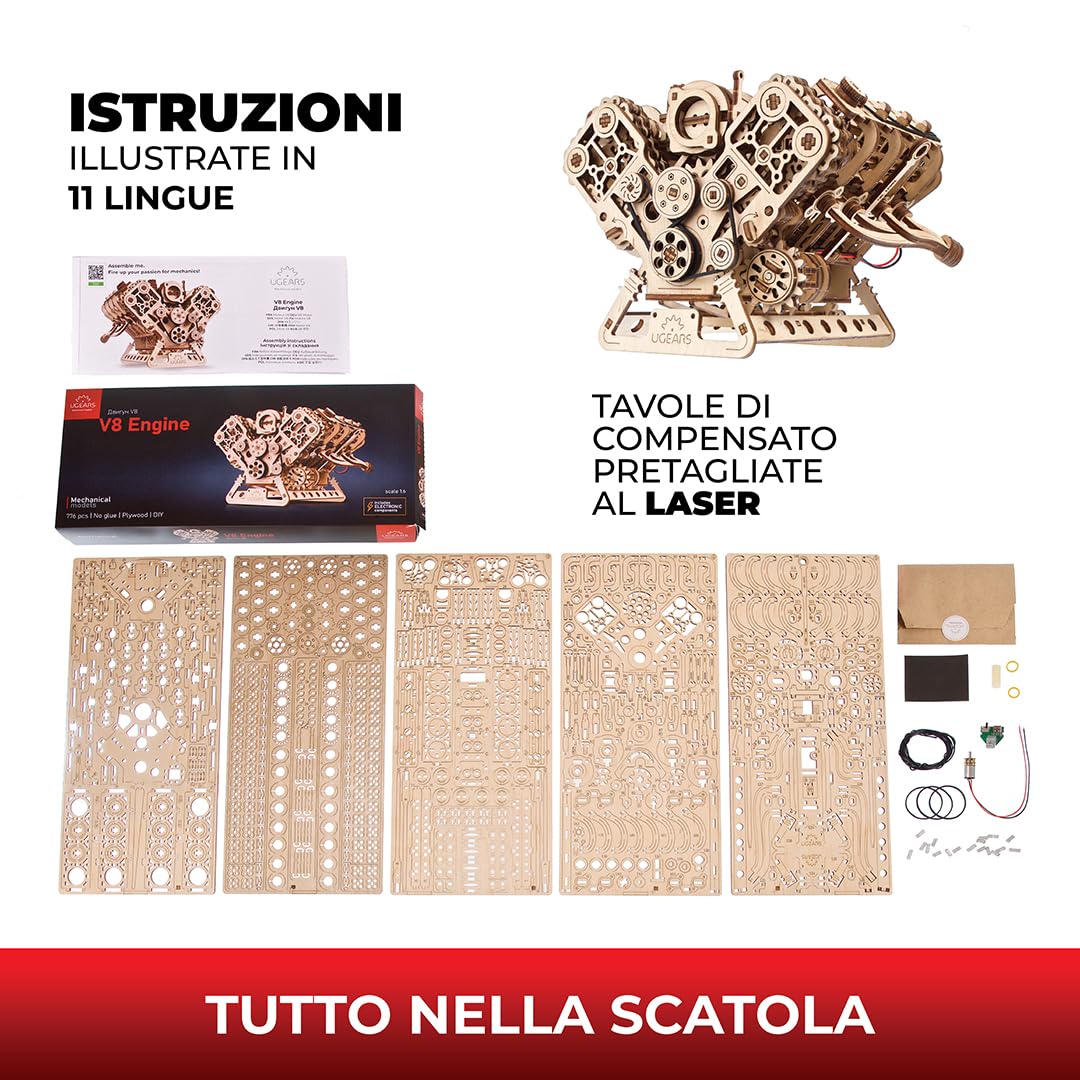 UGEARS V8 Engine Model Kit - Puzzle 3D Avanzato in Legno per Adulti - Kit Fai Da Te per Adulti Regalo per Ingegneri - Kit Modello Motore 3D per la Festa del Papà, Compleanni, Natale - 776 Pezzi