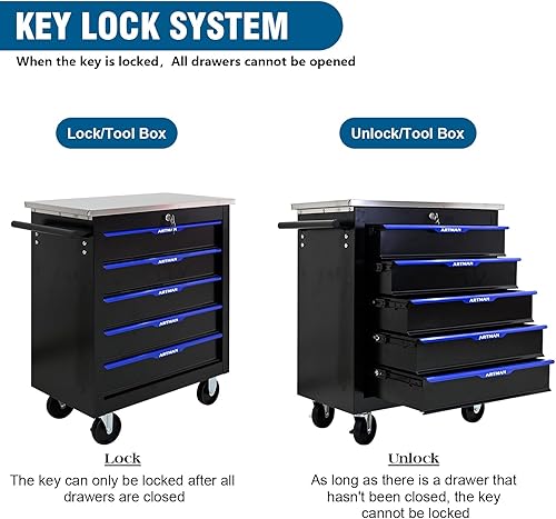 Miniatura 8 de 5-Drawer Rolling Tool Chest with Stainless Steel Countertop,Tool Chest with Secure Locking System,Mobile Storage Tool Cabinet with 360°Wheels and
