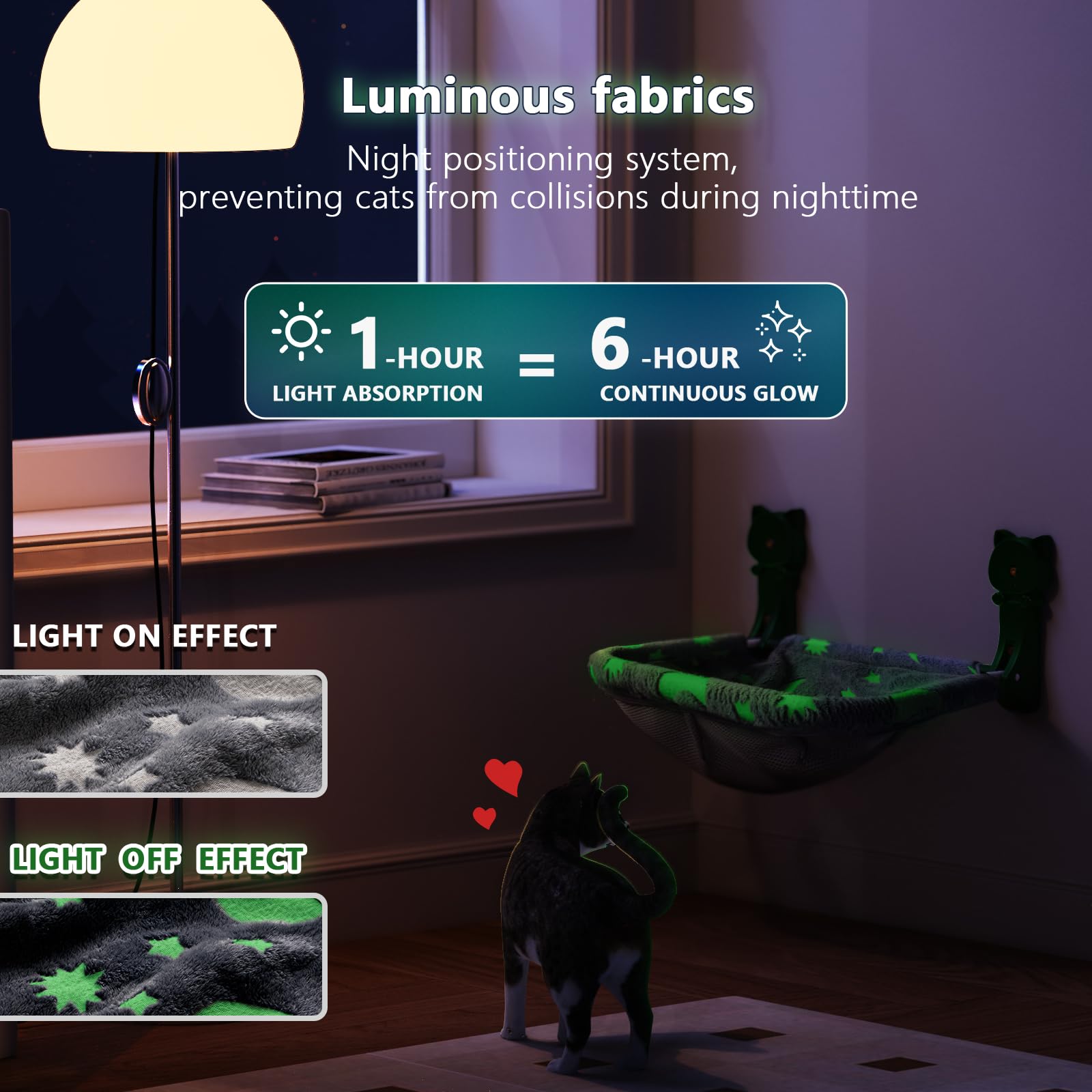 JUSNPOW - Paquete de 2 camas plegables y estables para gatos, inalámbricas, que brillan en la oscuridad, hamaca de ventana transpirable para pasar por alto, tomar el sol y escalar, soporta hasta 40
