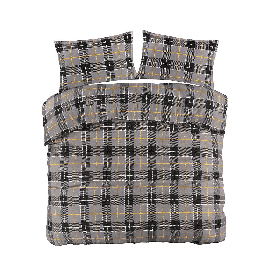 Voice7 Flannelette 100% Brushed Cotton Duvet Quilt Cover Sets with Free Pillow Cases Idea - Black Red Teal Grey Blue Pink Plum Cream - UK Sizes (Tartan Check - Grey King Duvet Set)