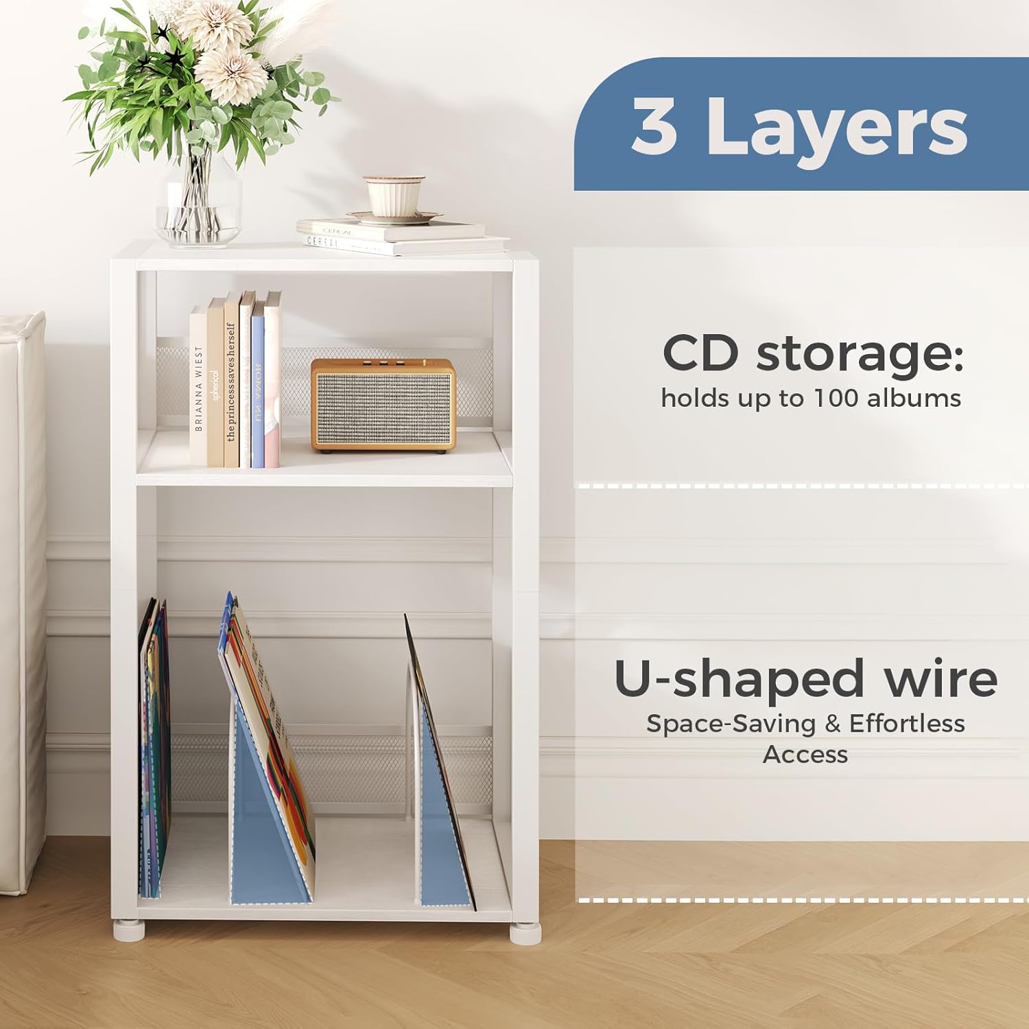 DUMOS 3 Tier Side Table, 1 Pack Record Player Stand with Storage Up to 100 Albums,Turntable Stand for Vinyl, White Records Shelf for Living Room Bedroom