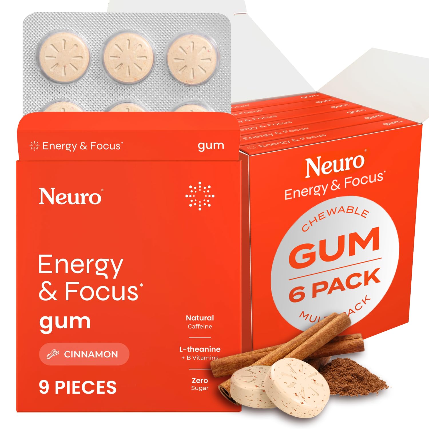 NeuroGumEnergy Caffeine Gum (54 Pieces) - Sugar Free with L-theanine + Natural Caffeine + Vitamin B12 & B6 - Nootropic Energy & Focus Supplement for Women & Men - Keto & Vegan, Cinnamon Flavor