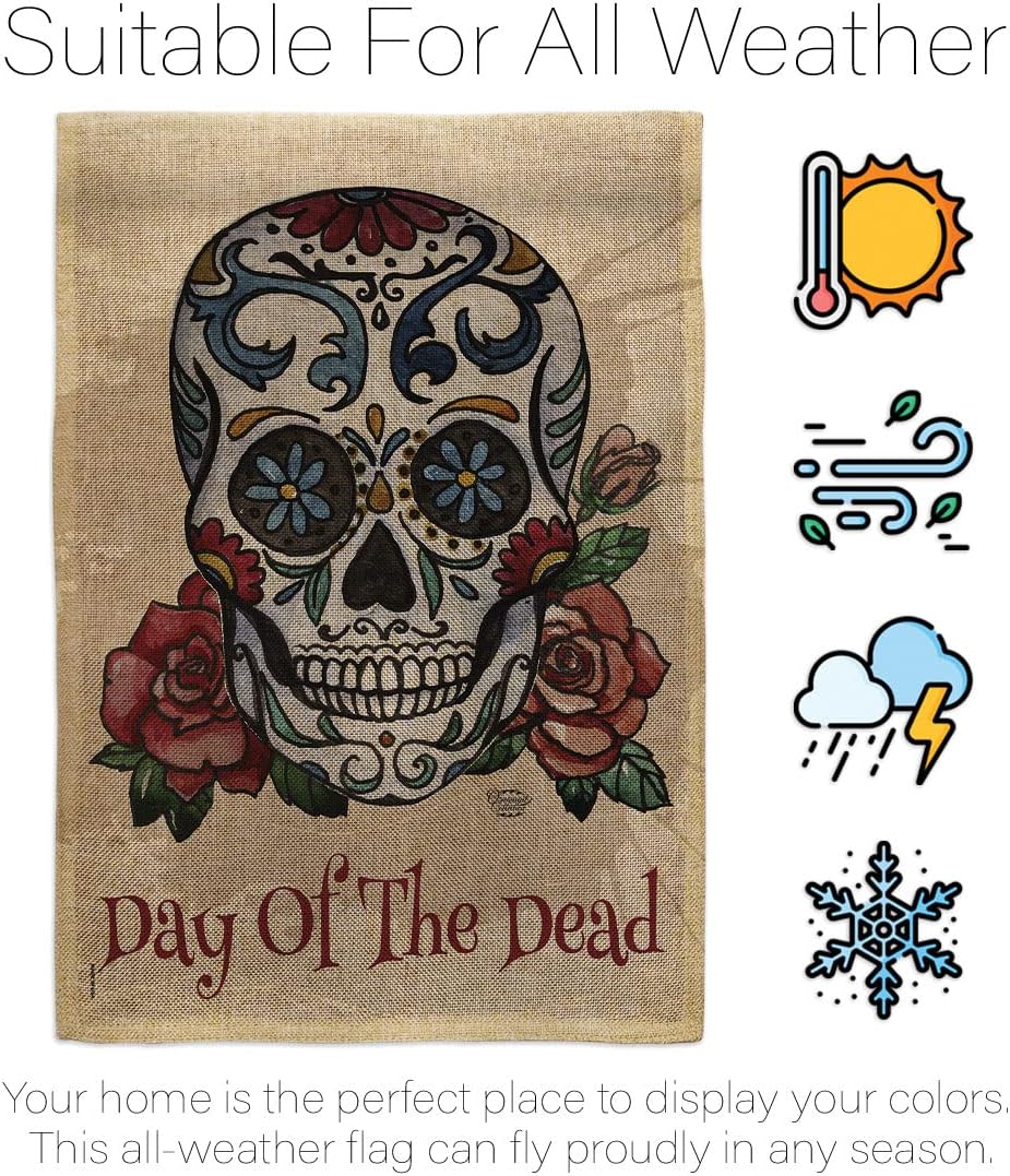 Day of The Dead Garden Flag Set Wall Hanger Fall Dia De Los Muertos Fiesta Mexican Party Autumntime House Decoration Banner Small Yard Gift Double-Sided, Thick Burlap, Made in USA
