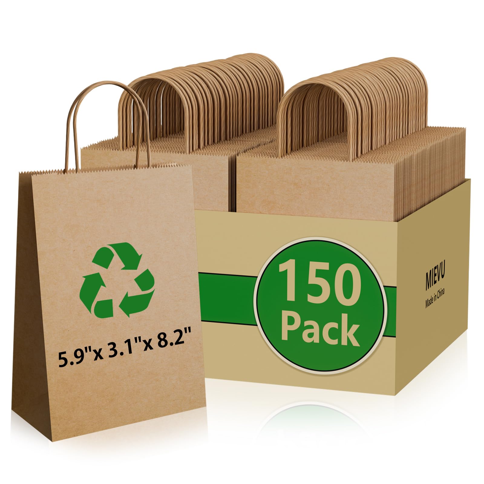 MIEVU 150Pack Small Gift Bags with Handles, 5.9x3.1x8.2 Inch Brown Paper Bags (130g More Sturdy Material) – Bulk Christmas Gift Bag, Party Favor Bags,