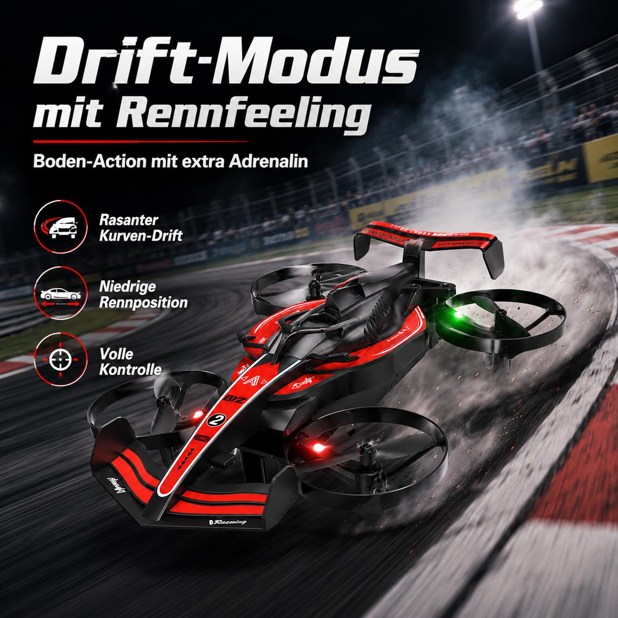 RC Flugauto 2 in 1, Fliegendes Auto mit Fernsteuerung, RC Drone Auto mit LED Beleuchtung, Drift Car & Quadrocopter, 2,4 GHz, Headless Mode, EIN-Tasten-Start, 2 Akkus, Kinder (Rot)