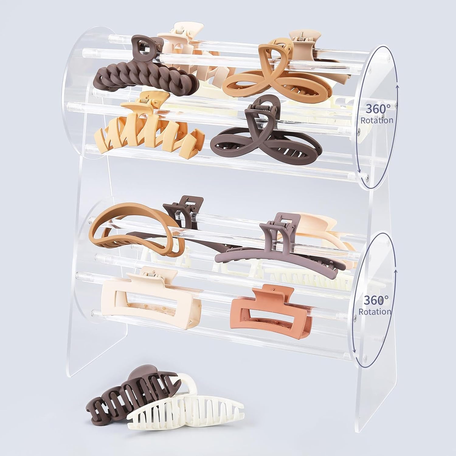 360° Rotating Hair Claw Clip Organizer – Portable Display Stand with Hooks for Claw Clips, Barrettes & Hair Accessories – Dressing Table Storage Case for Women & Girls