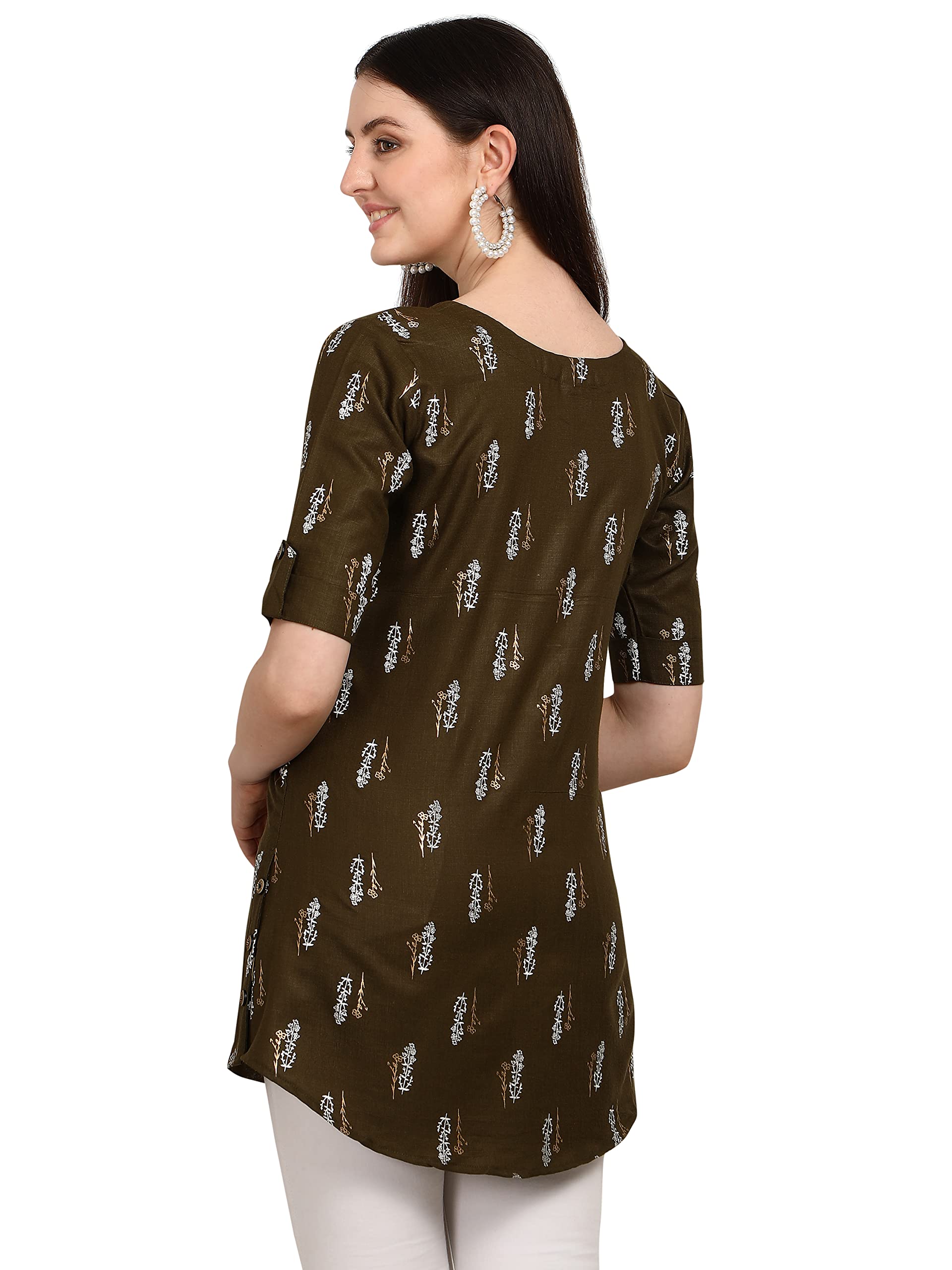 Leriya Fashion Rayon Fabric Printed Round Neck Short Kurtis For Women Top Dresses Kurti For Girls & Ladies Kurtis (Xx-Large, Brown)