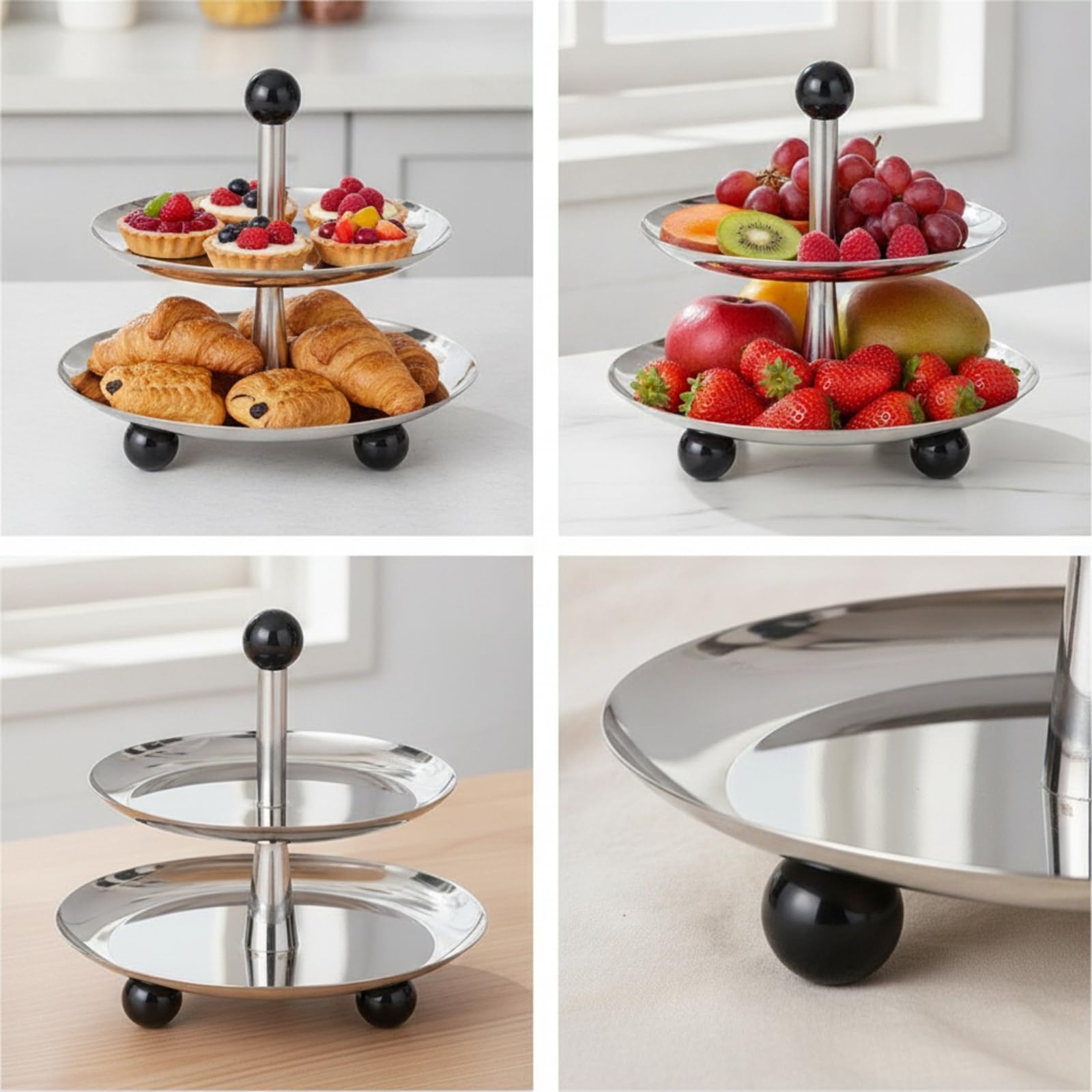 Expositor Frutas y Postres Metal Reflectante Estante Vertical con Dos Banjas Redondas Versátil para Buffet